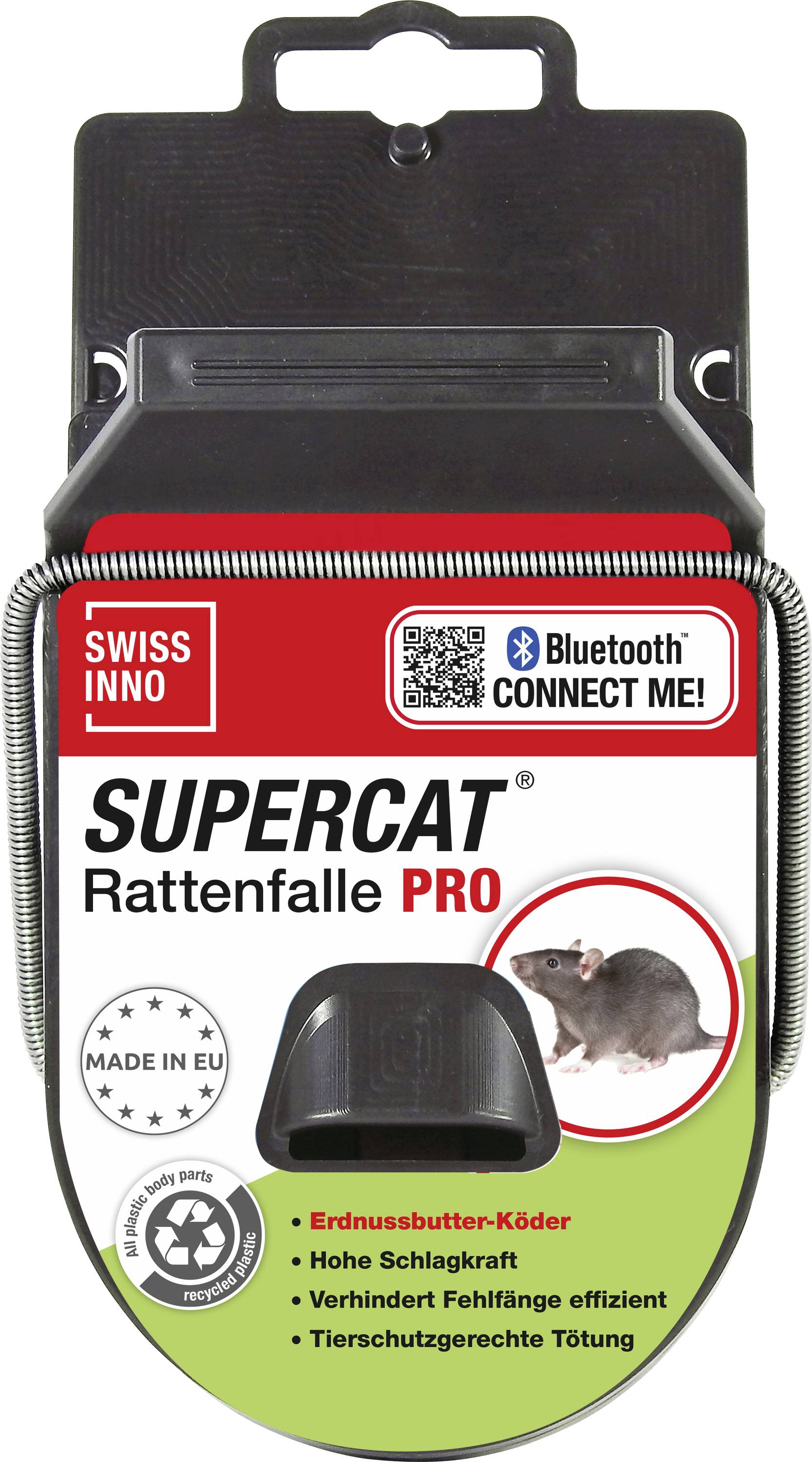 'Supercat Rattenfalle PRO' rat trap packaging featuring a mouse image. Highlights include peanut butter bait, high strike force, and efficient capture.