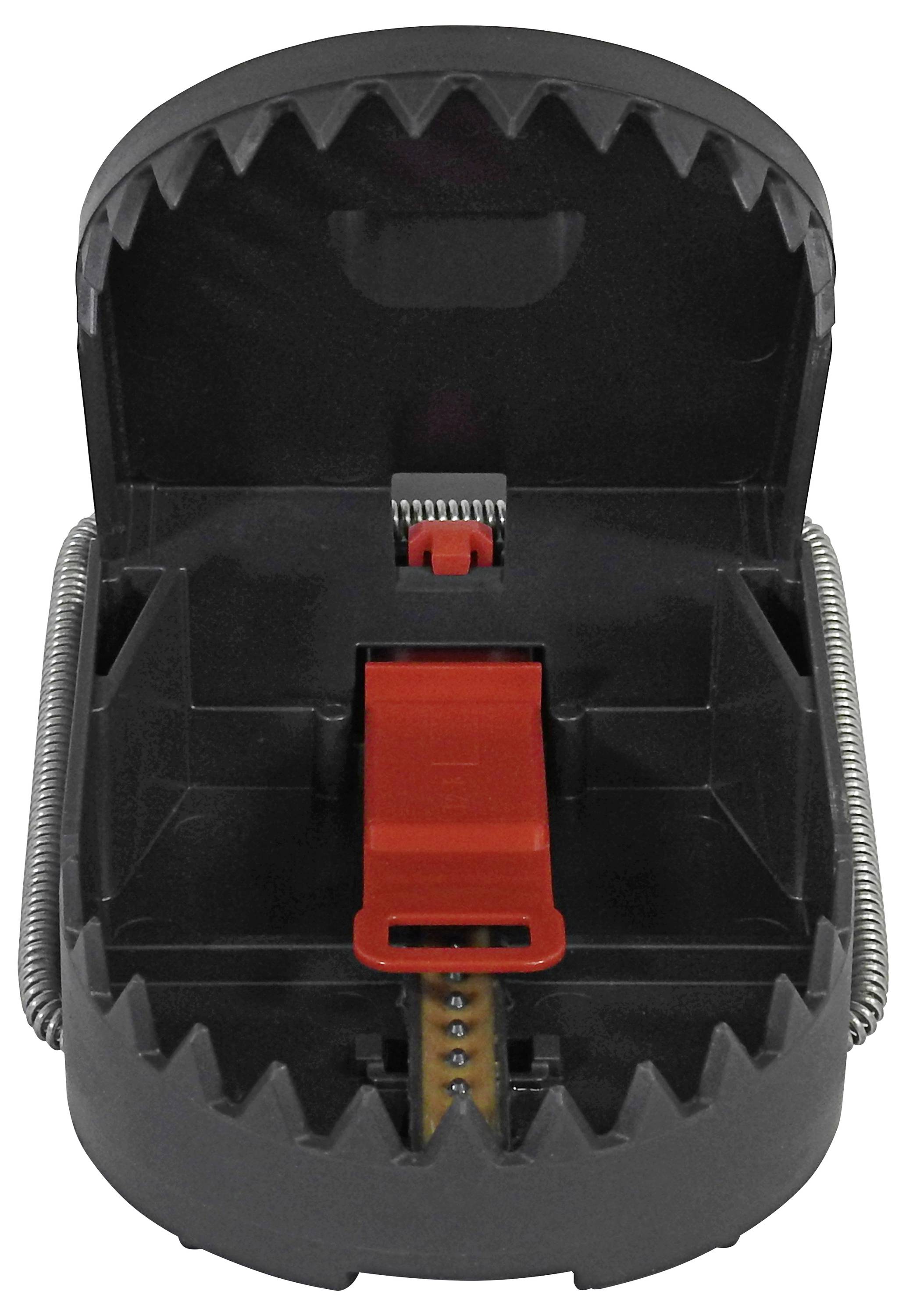 A plastic rat trap with a spring mechanism, designed to capture and contain rodents. The red trigger is visible inside the open trap.