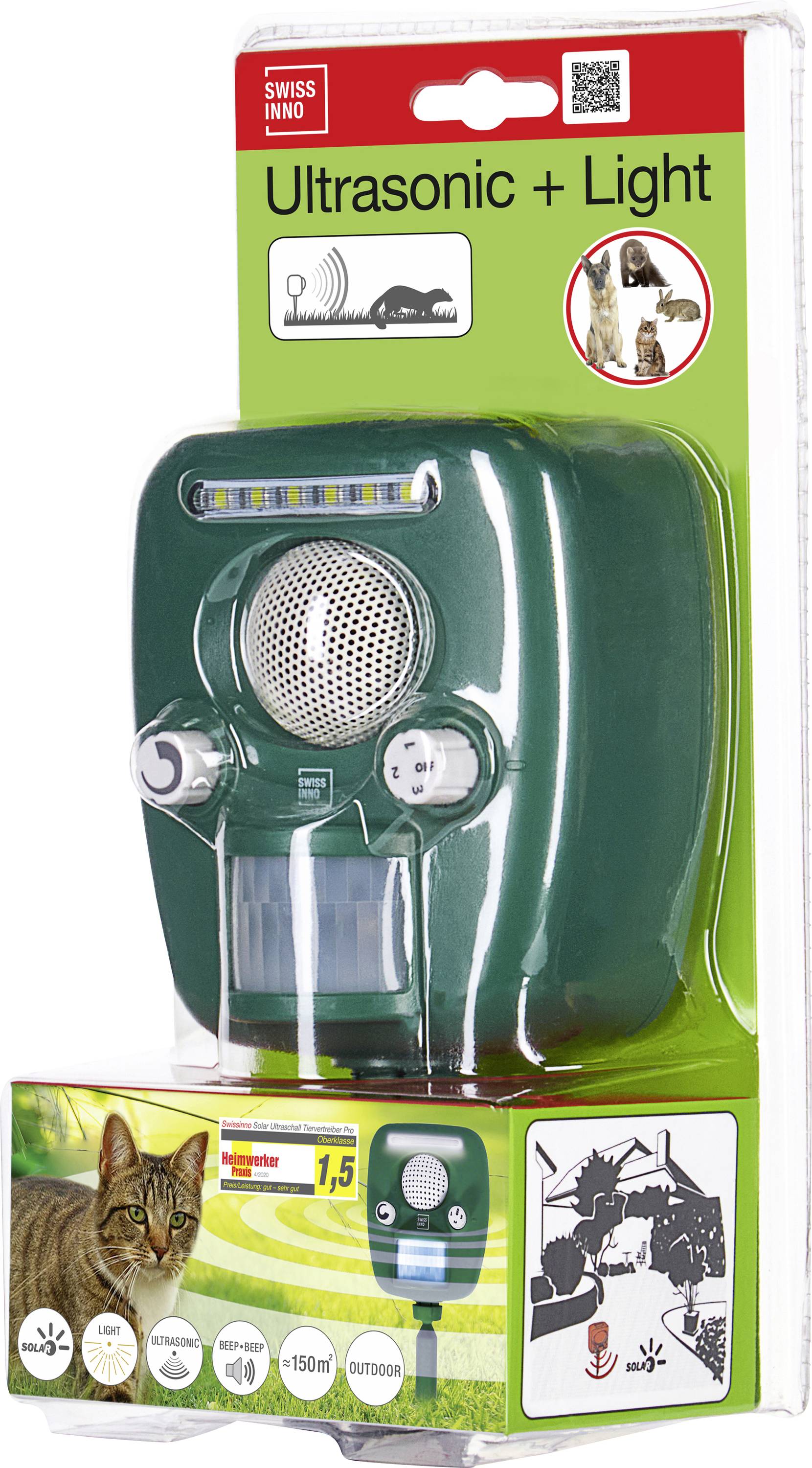 'Ultrasonic + Light' pest repellent packaging showing the device, its range of 150m², and an image of a cat, with instructions for use.
