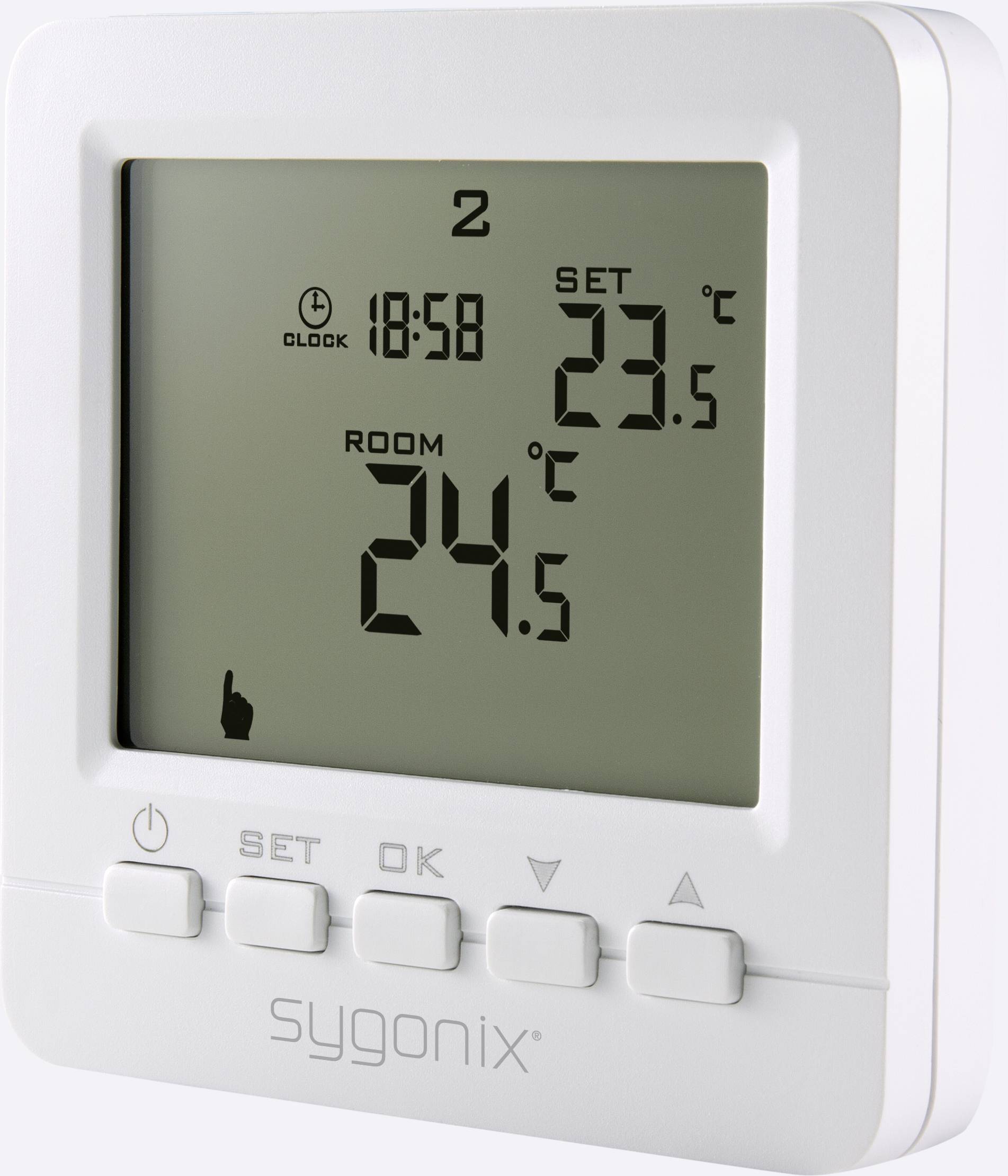 A digital room thermostat shows the time as 18:58. The set temperature is 23.5°C, and the current room temperature is 24.5°C.