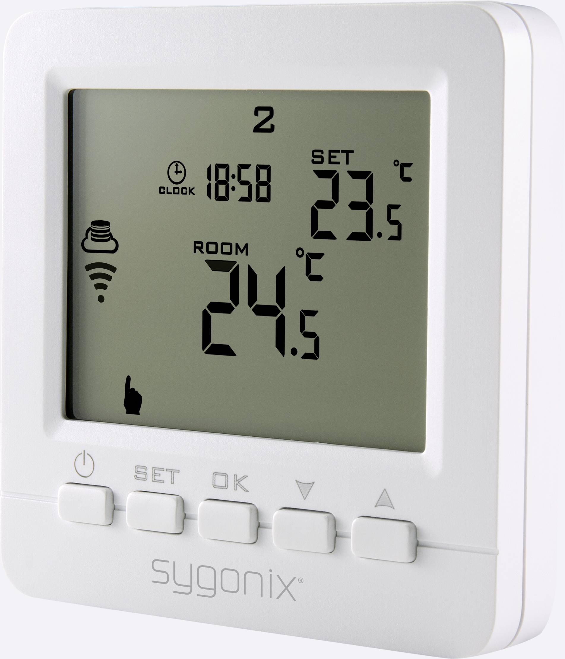 Digital thermostat displaying room temperature of 24.5°C and set temperature of 23.5°C. A Wi-Fi symbol is located in the top left corner.