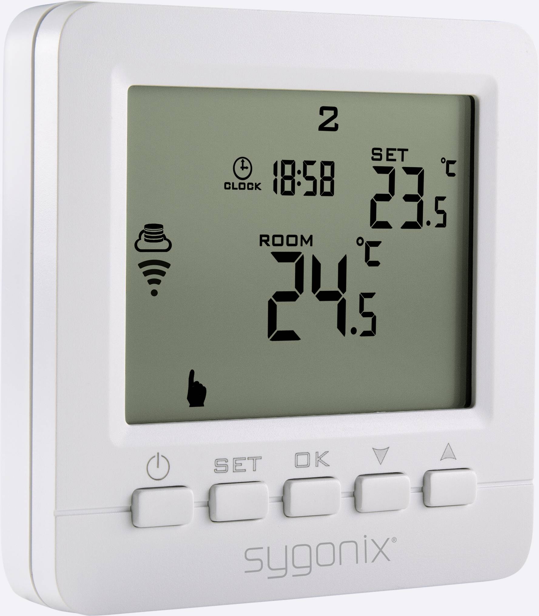 White digital thermostat on a wall with display. Shows current room temperature of 24.5°C and set temperature of 23.5°C.