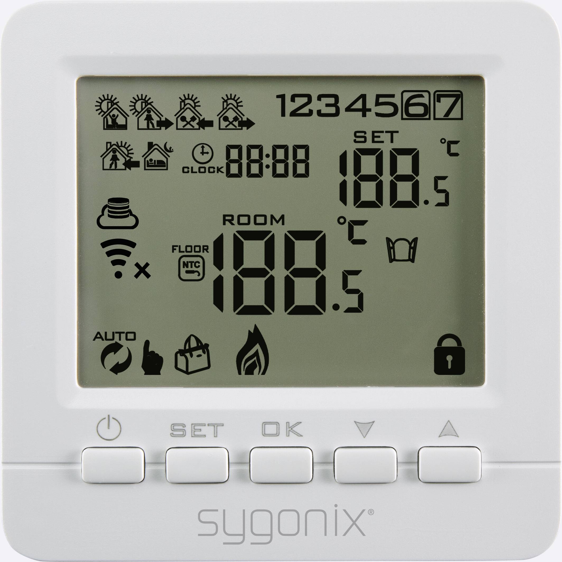 A digital thermostat displays a room temperature of 18.5 °C and a set temperature of 18.0 °C. Symbols for Wi-Fi, heating, and auto mode are visible.