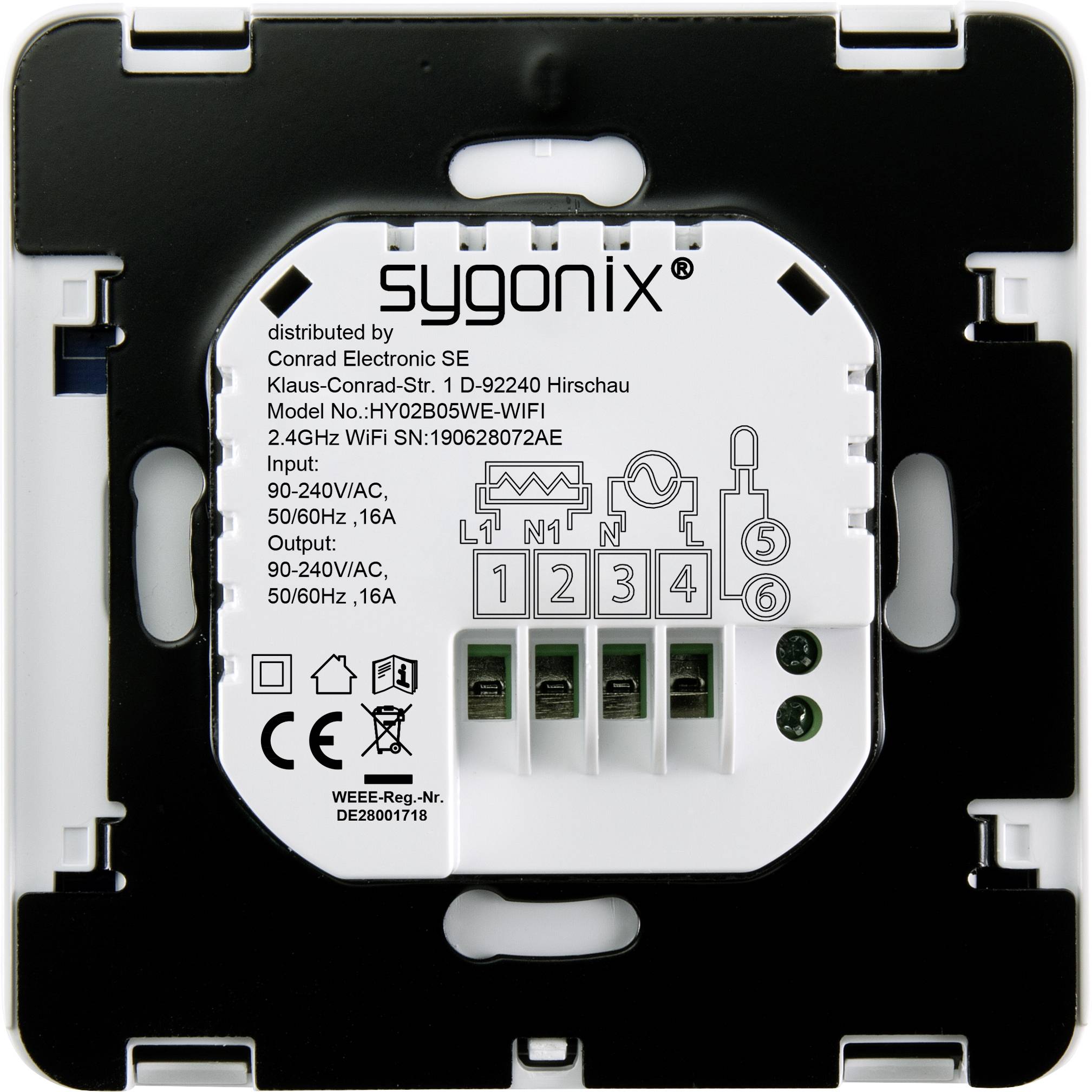 A Sygnix WLAN switch module for smart home control, Model No. HZOAB0005WE-WIFI, with connection points and technical specifications.