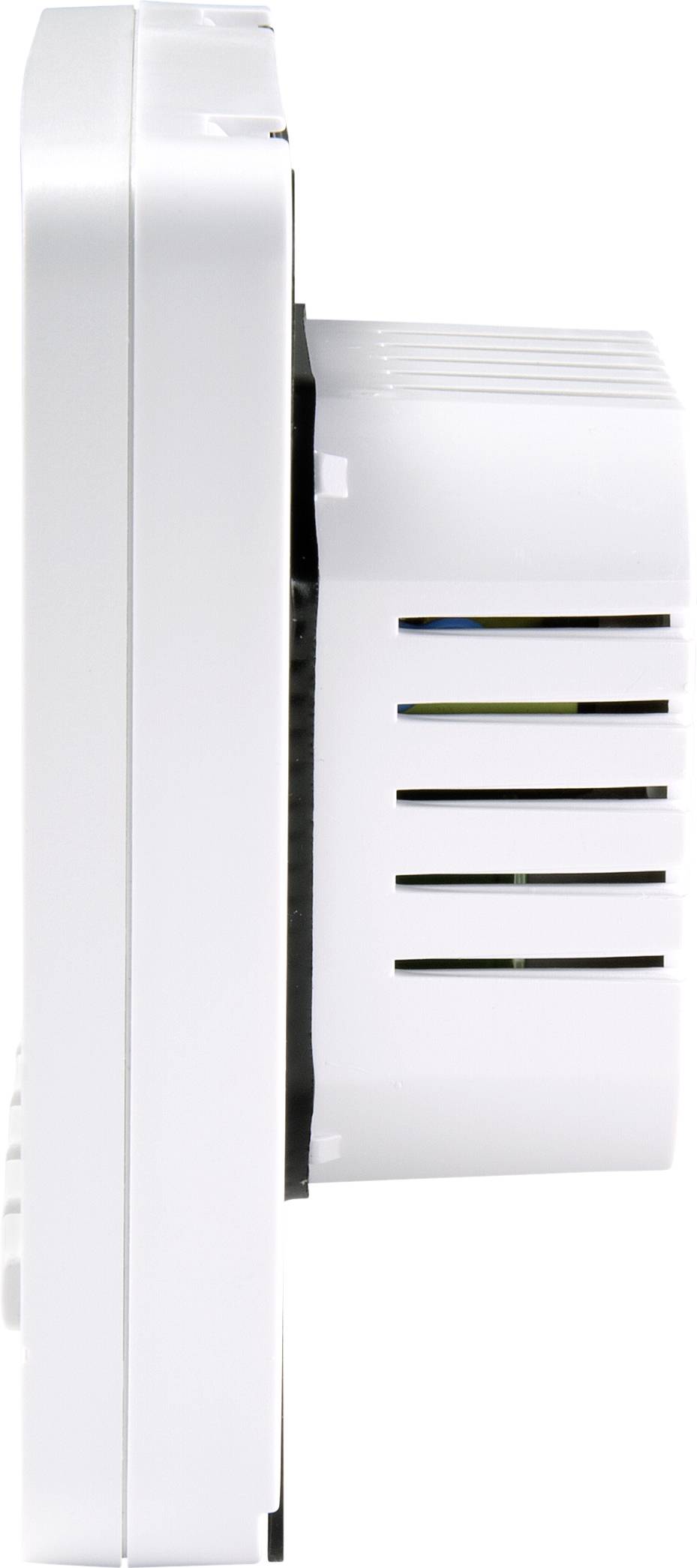 Side view of a white, rectangular electronic device with ventilation slots, presumably a smoke or carbon monoxide detector.