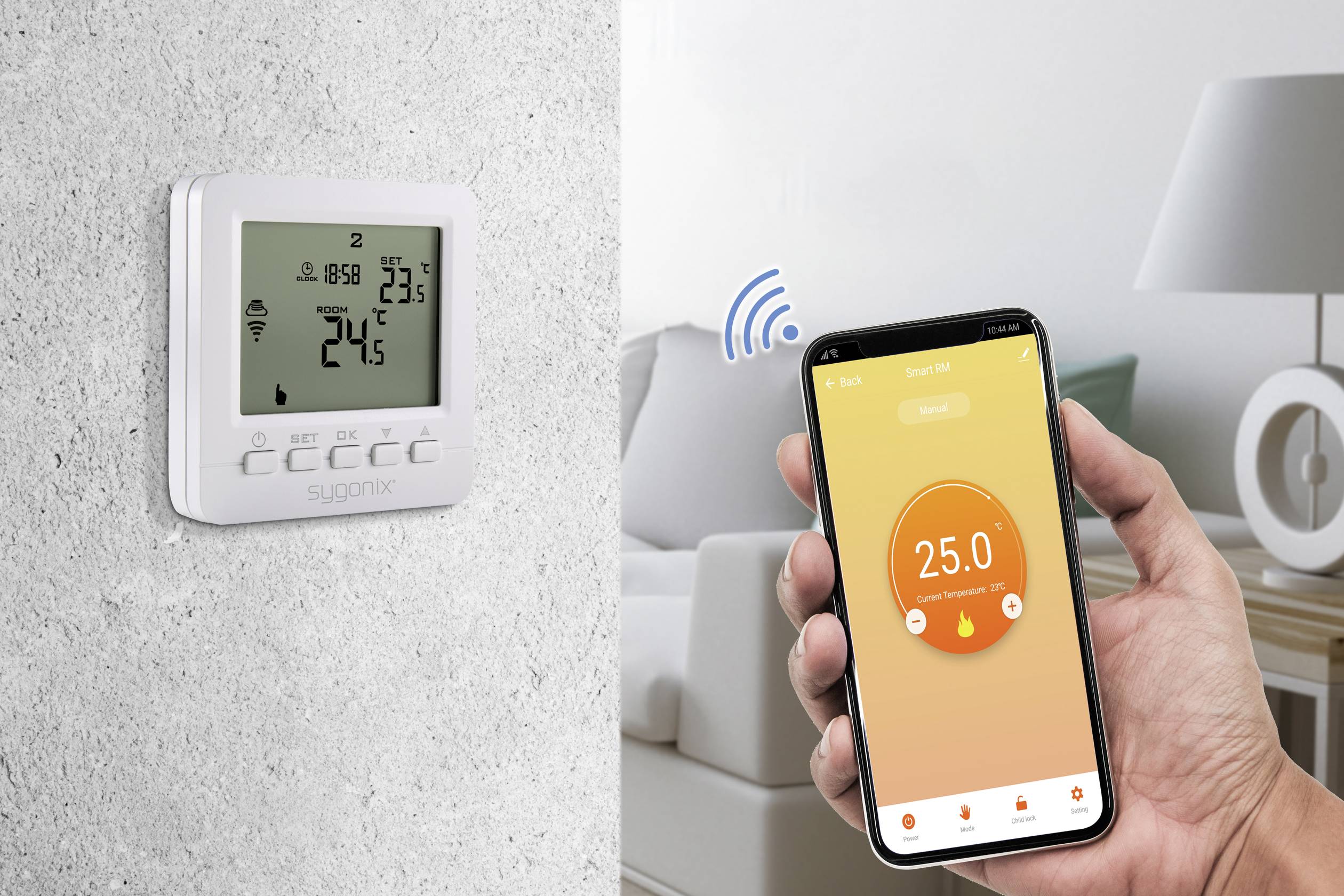 Smartphone app controls wall-mounted thermostat, displaying 25 degrees Celsius. Room in the background conveys a modern living style.