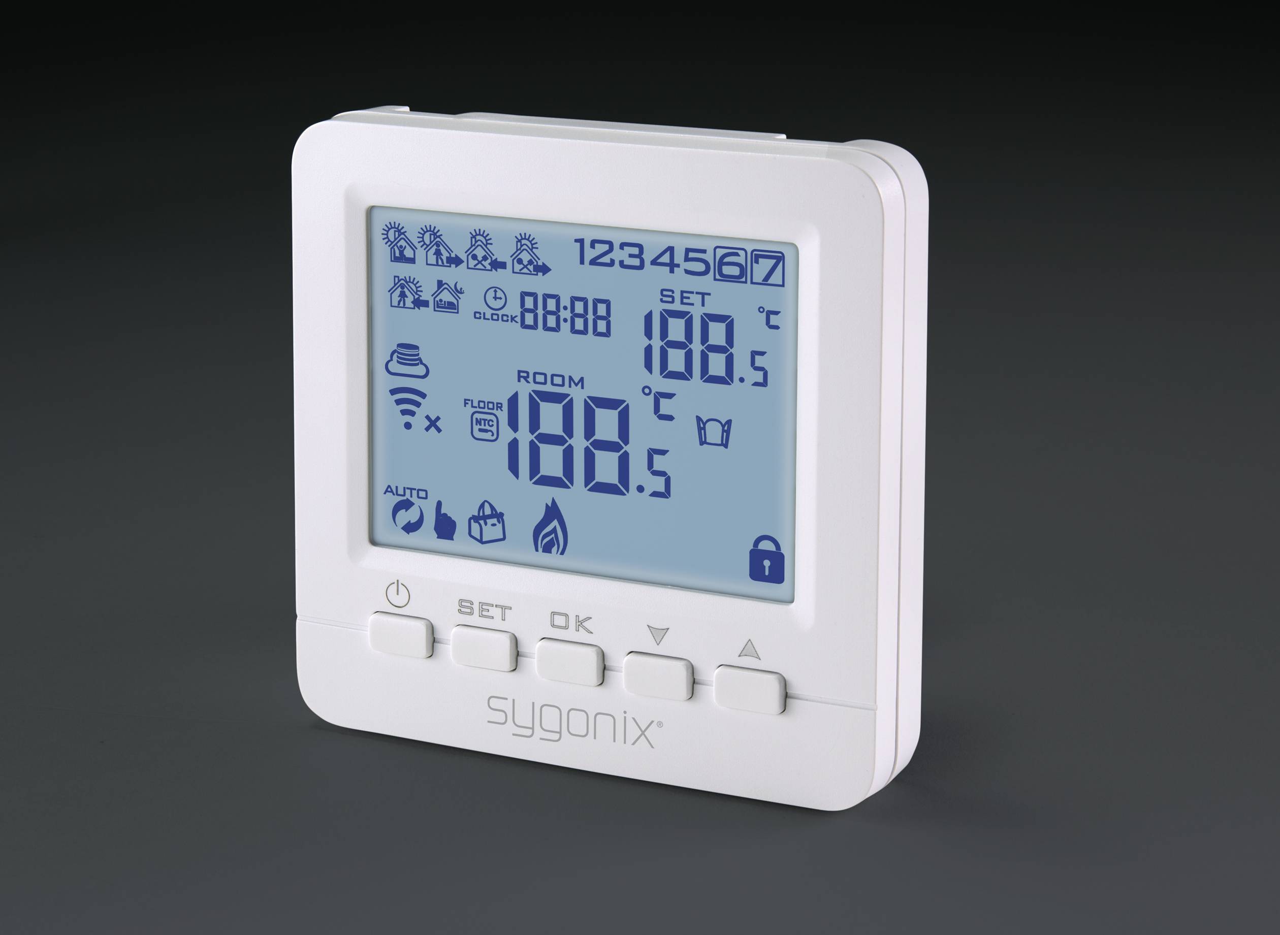 Digital thermostat for temperature control, displaying 'Room' 18.0°C. Buttons: Set, OK, Plus, Minus. Display with various symbols and values.