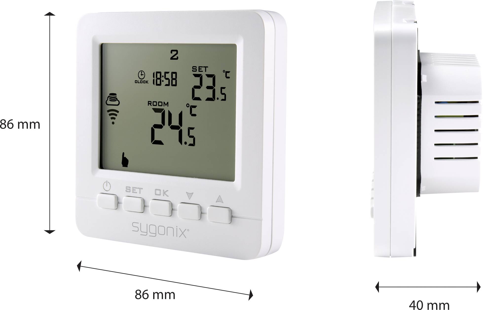 A digital thermostat displaying the time, room temperature (24°C) and set temperature (23.5°C). Dimensions: 86 mm x 40 mm.