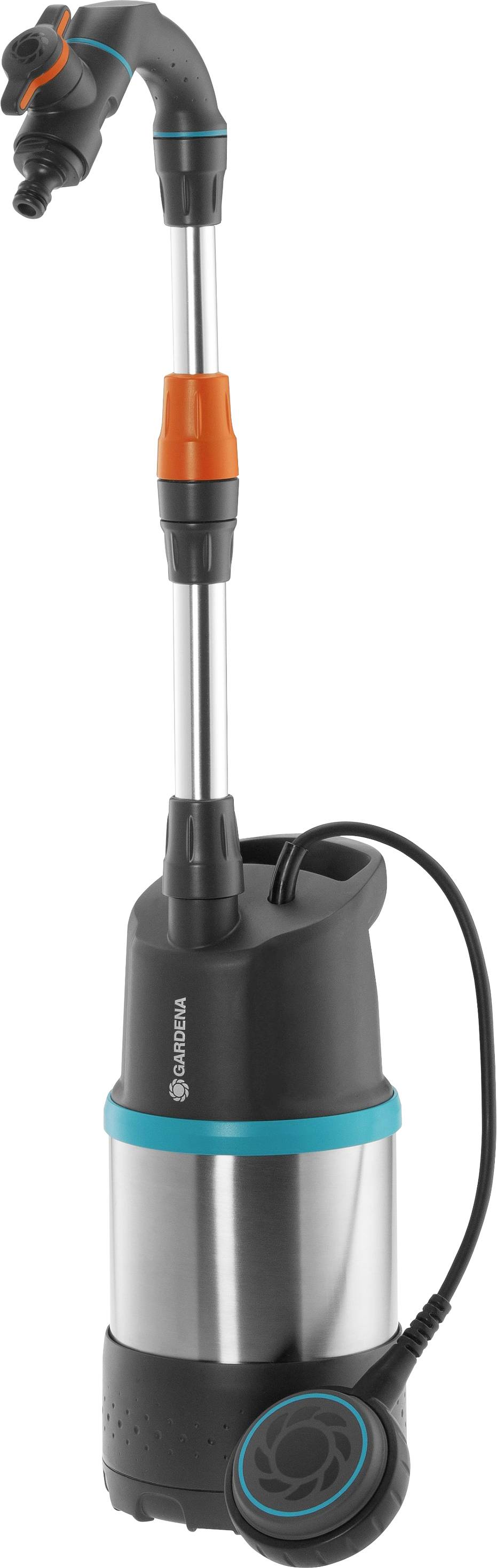 Garden pump with a robust metal casing, black handle, and blue accents. Suitable for watering outdoor plants.