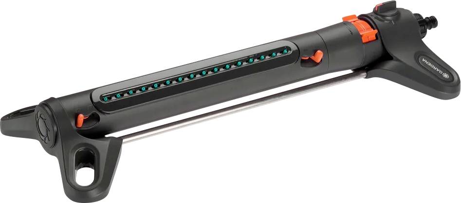 An adjustable oscillating garden sprinkler with black and orange design, featuring multiple spray nozzles for uniform water distribution.