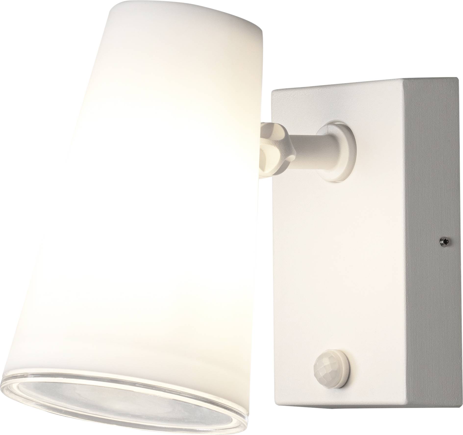 White wall lamp with a cylindrical shade that illuminates downwards.