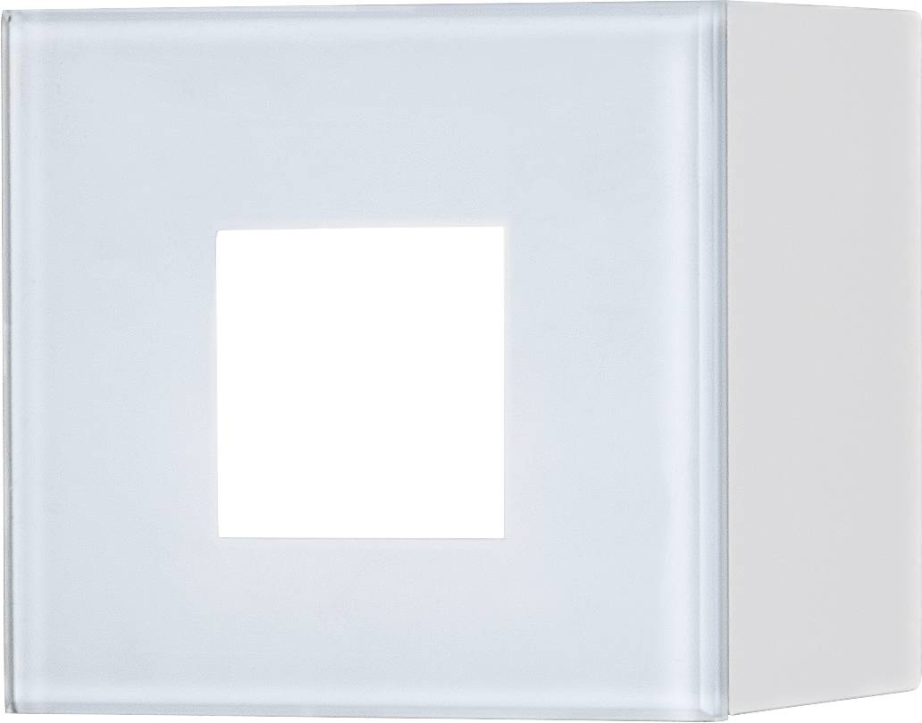A square glass block light fitting with a central white light square, emitting uniform, diffused light.