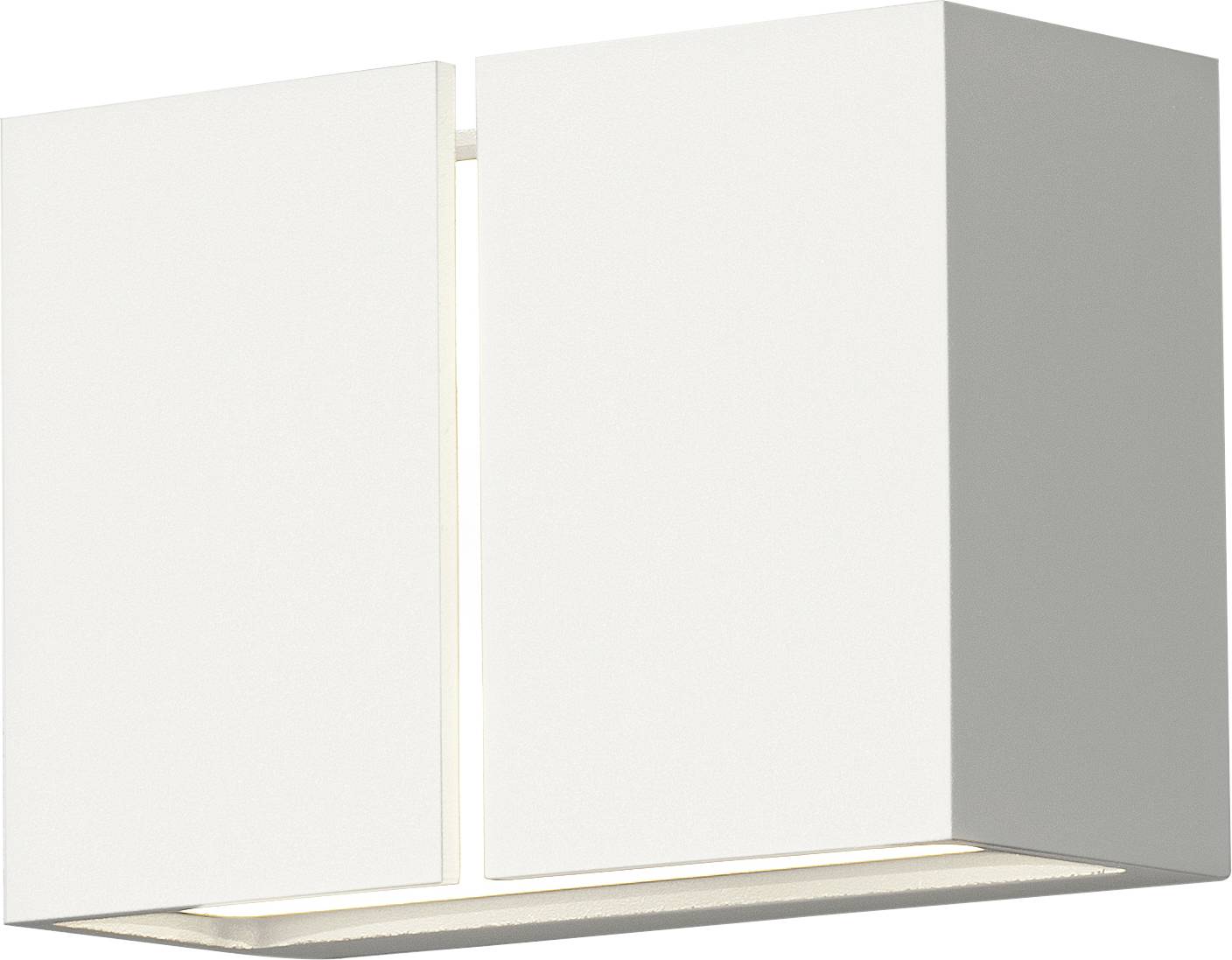 White, modern wall light with a rectangular design, illuminating evenly from a narrow gap between two plates.