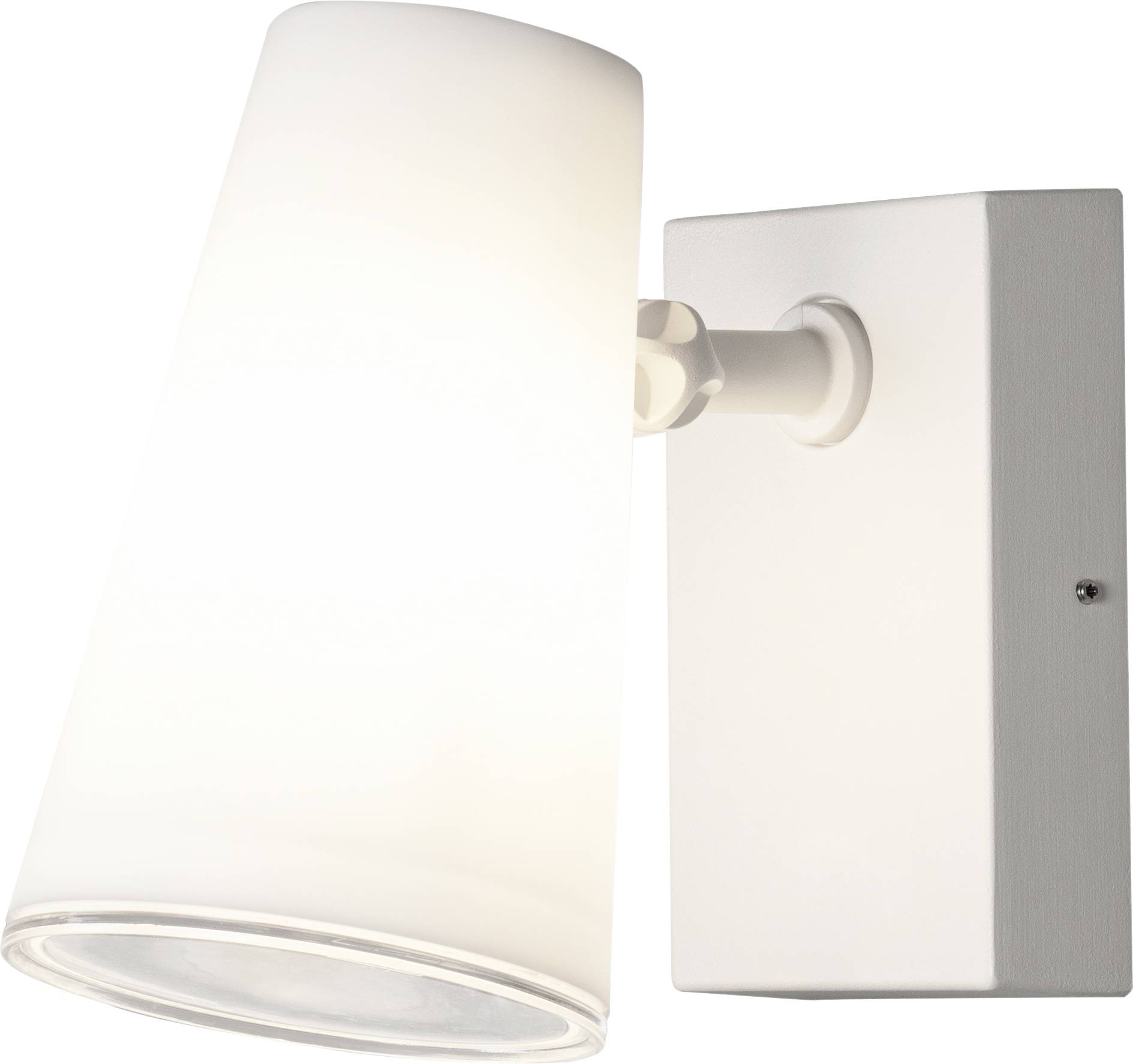 A modern white wall light with a rectangular base and a conical lampshade, mounted on a wall.
