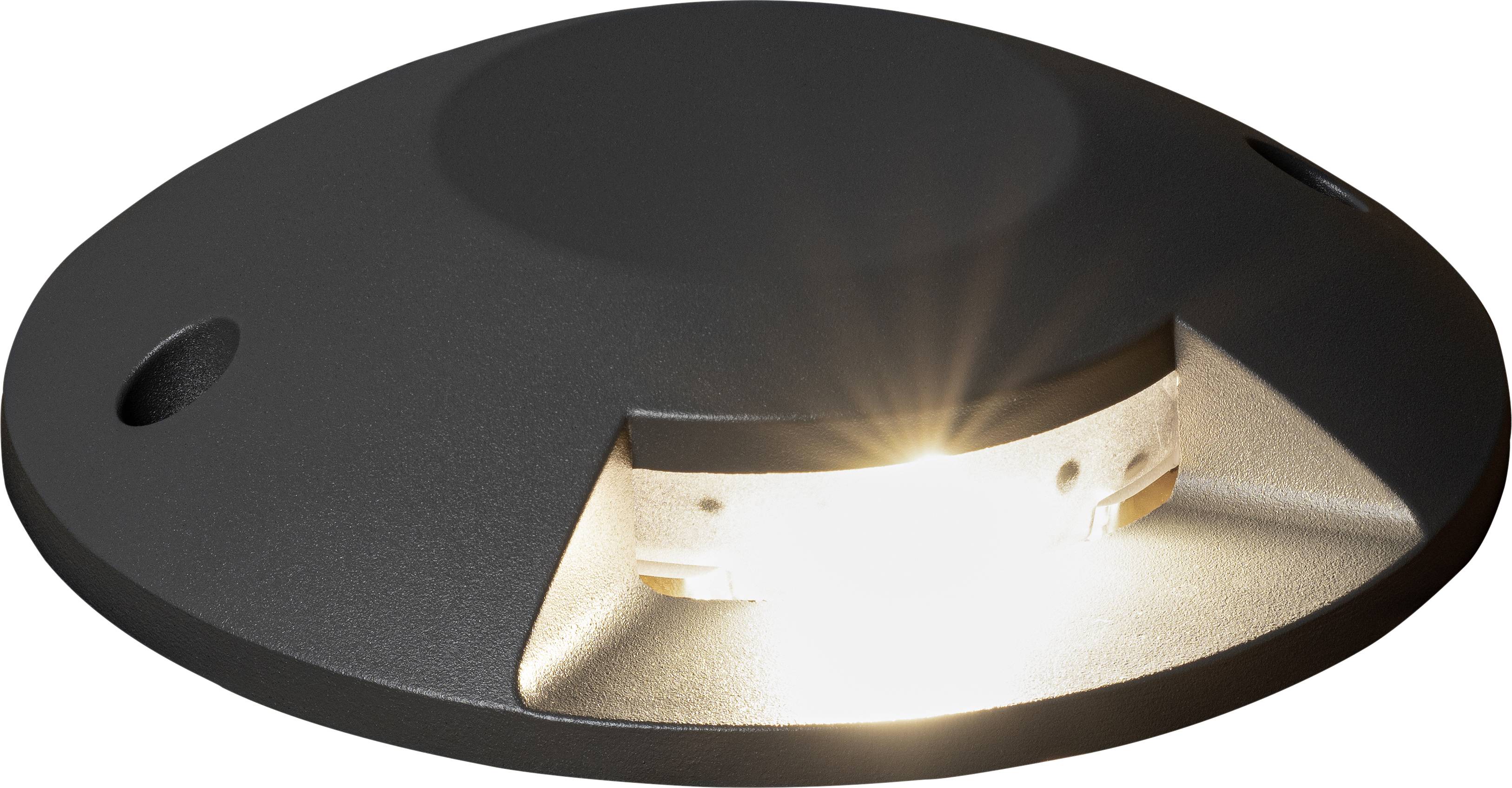 Black, semi-circular LED ground recessed light with illuminating light.