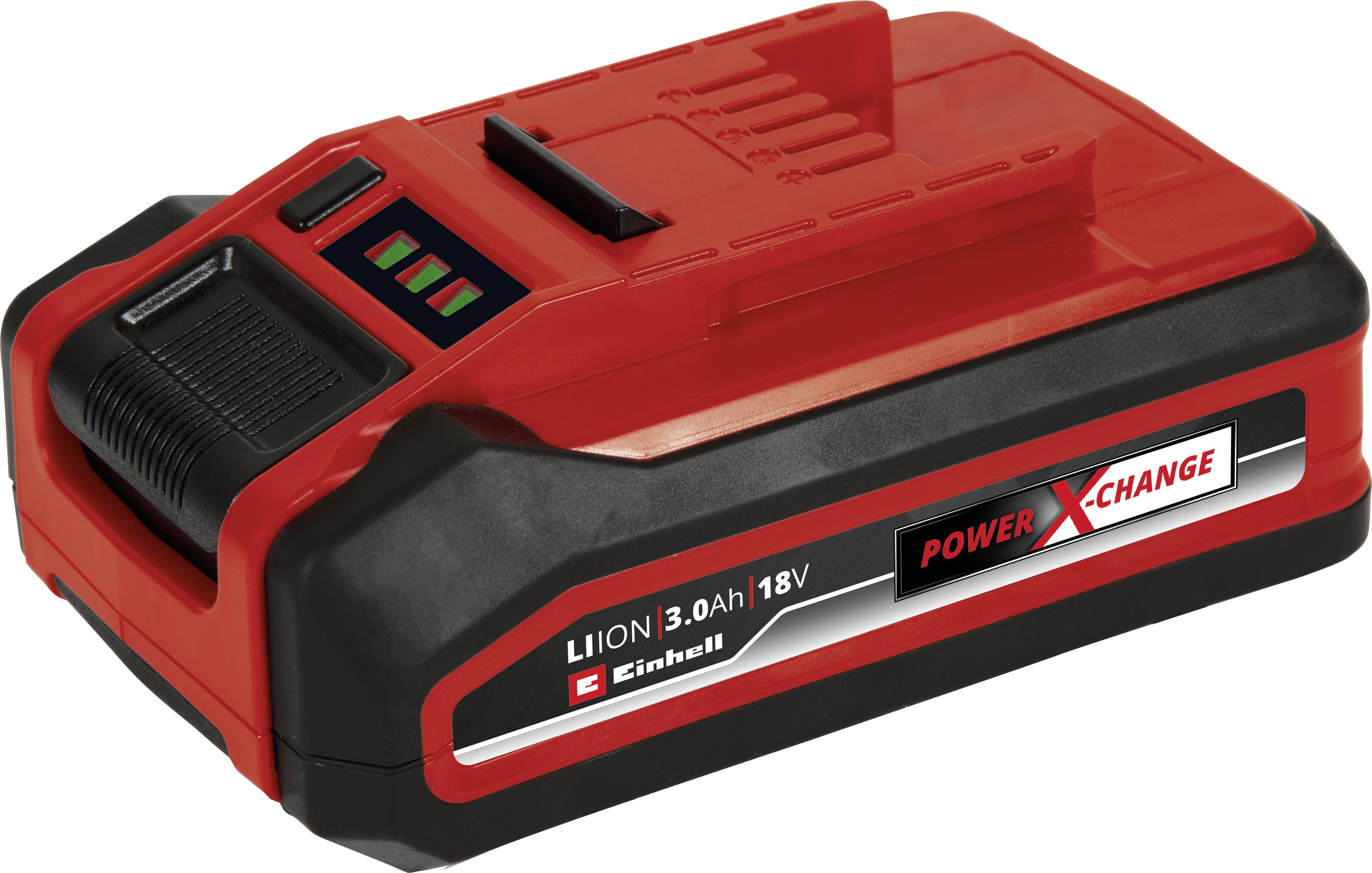 A red 18V lithium-ion battery with 3.0 Ah from Einhell, part of the 'Power X-Change' range, with battery level indicator.