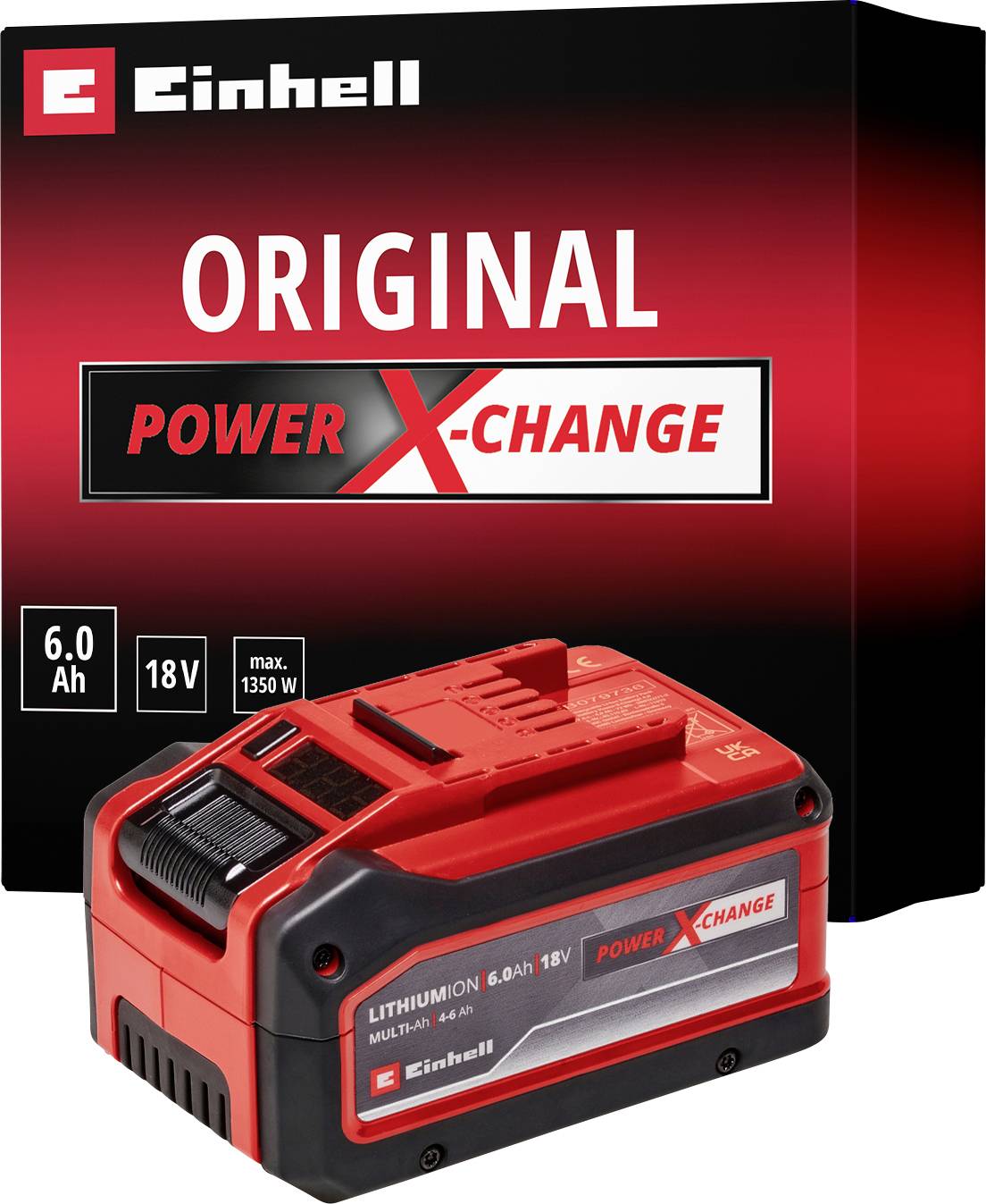 Two red Einhell lithium-ion batteries with different capacities are lying side by side. They belong to the Power X-Change series.