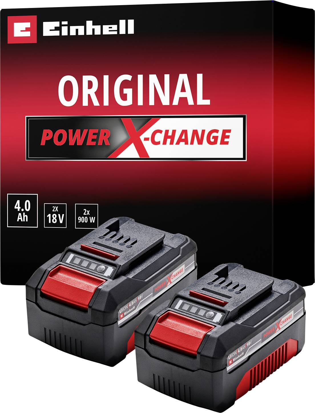 'Einhell Original Power X-Change' branded packaging displaying two rechargeable battery packs, each labeled with 18V and 4.0 Ah specifications.