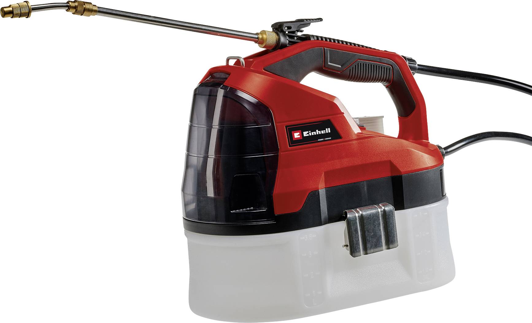A red portable pressure washer with a transparent water tank, hose, and spray nozzle. Suitable for outdoor cleaning tasks.