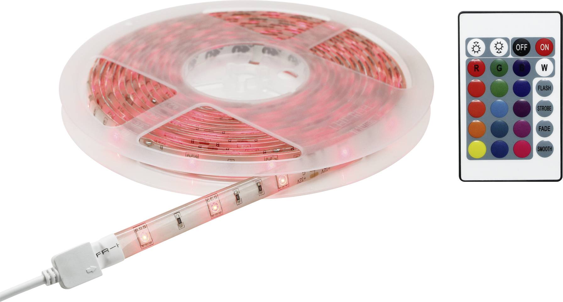 LED light strip roll with remote control. Various colours and modes can be set. Ideal for decorative lighting.