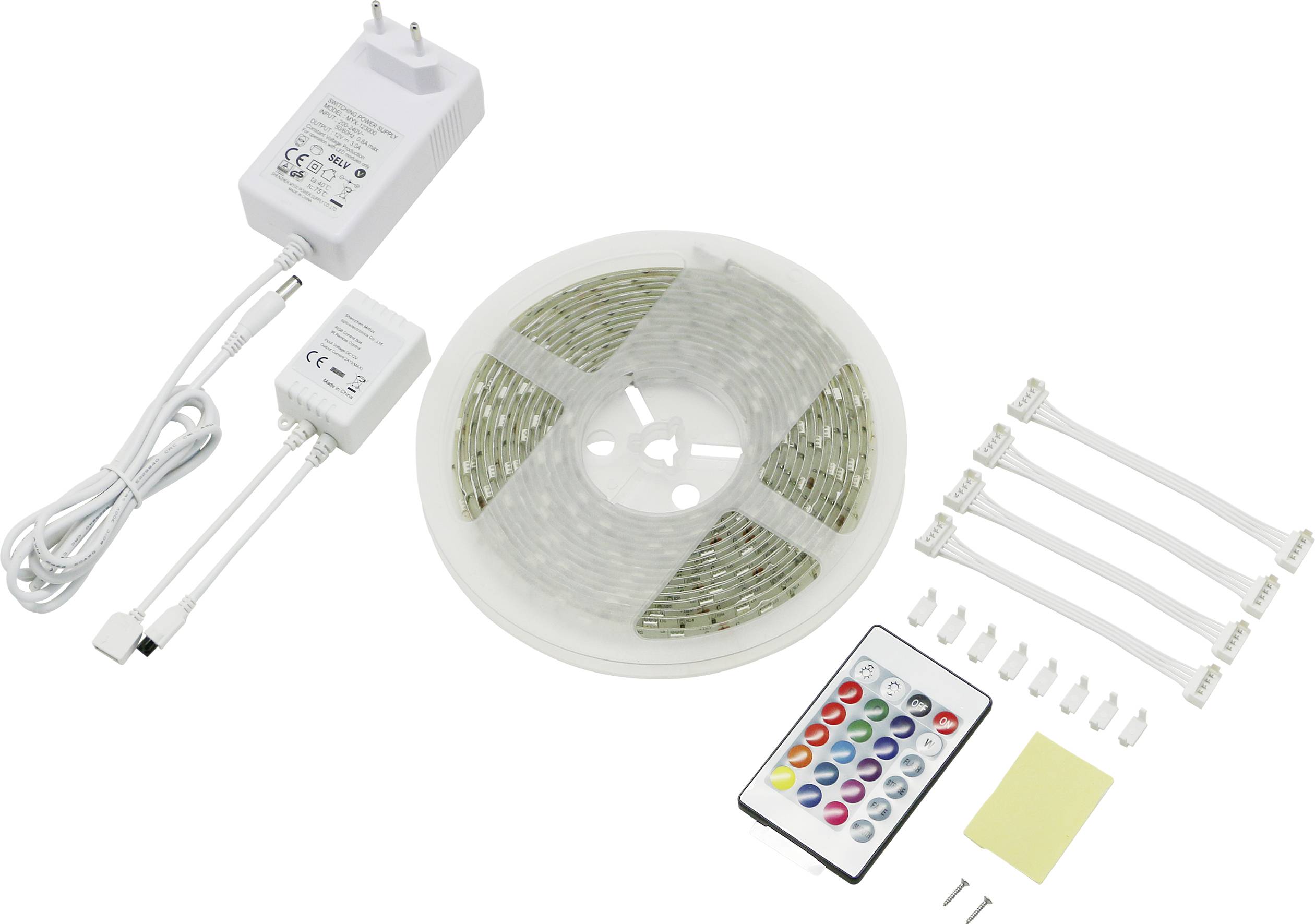 LED light strip set with remote control, power supply, connectors, and mounting accessories. Ideal for decorative lighting.