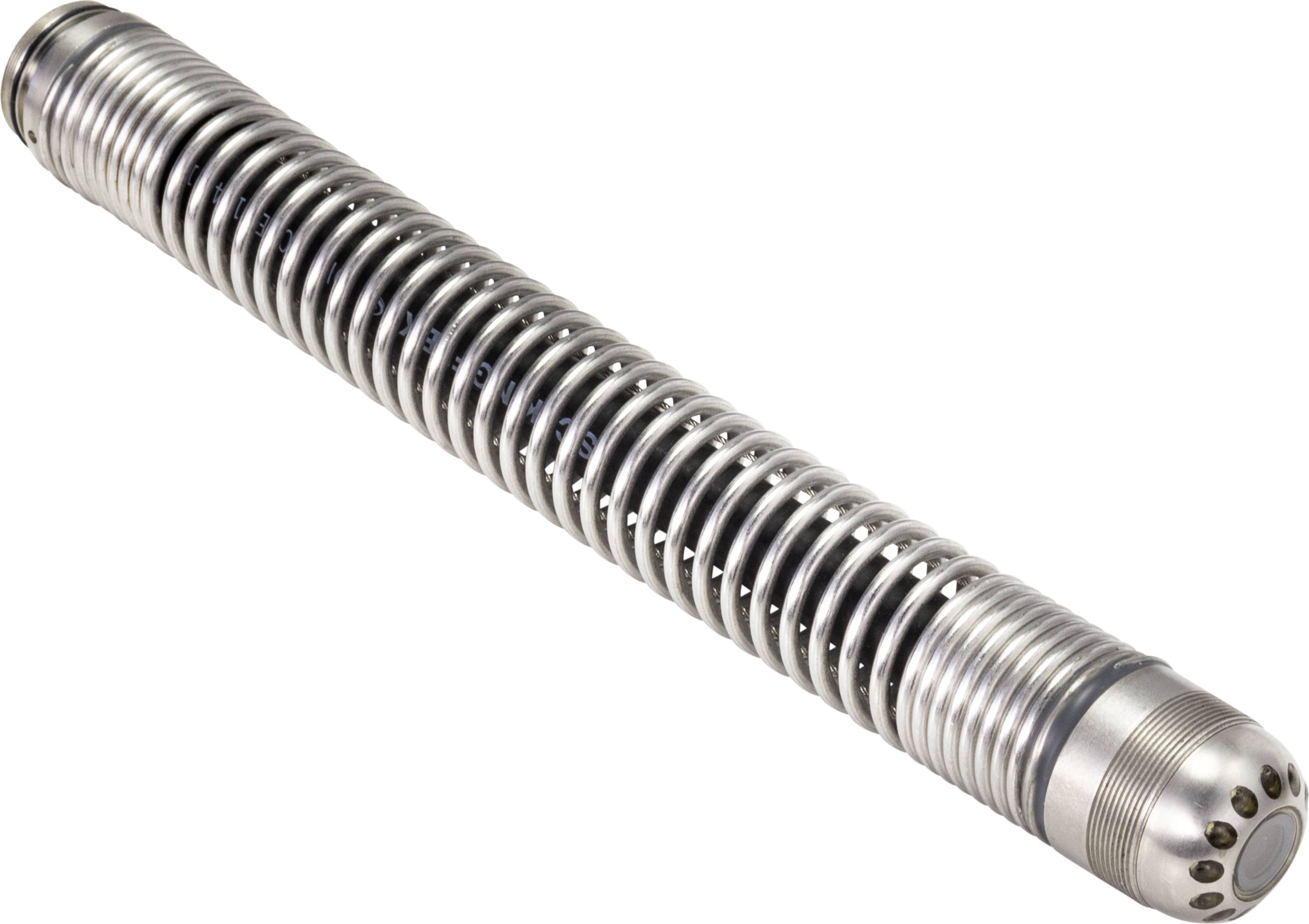 A silver, cylindrical helical spring with a grooved structure and flanges at the ends, set against a white background.