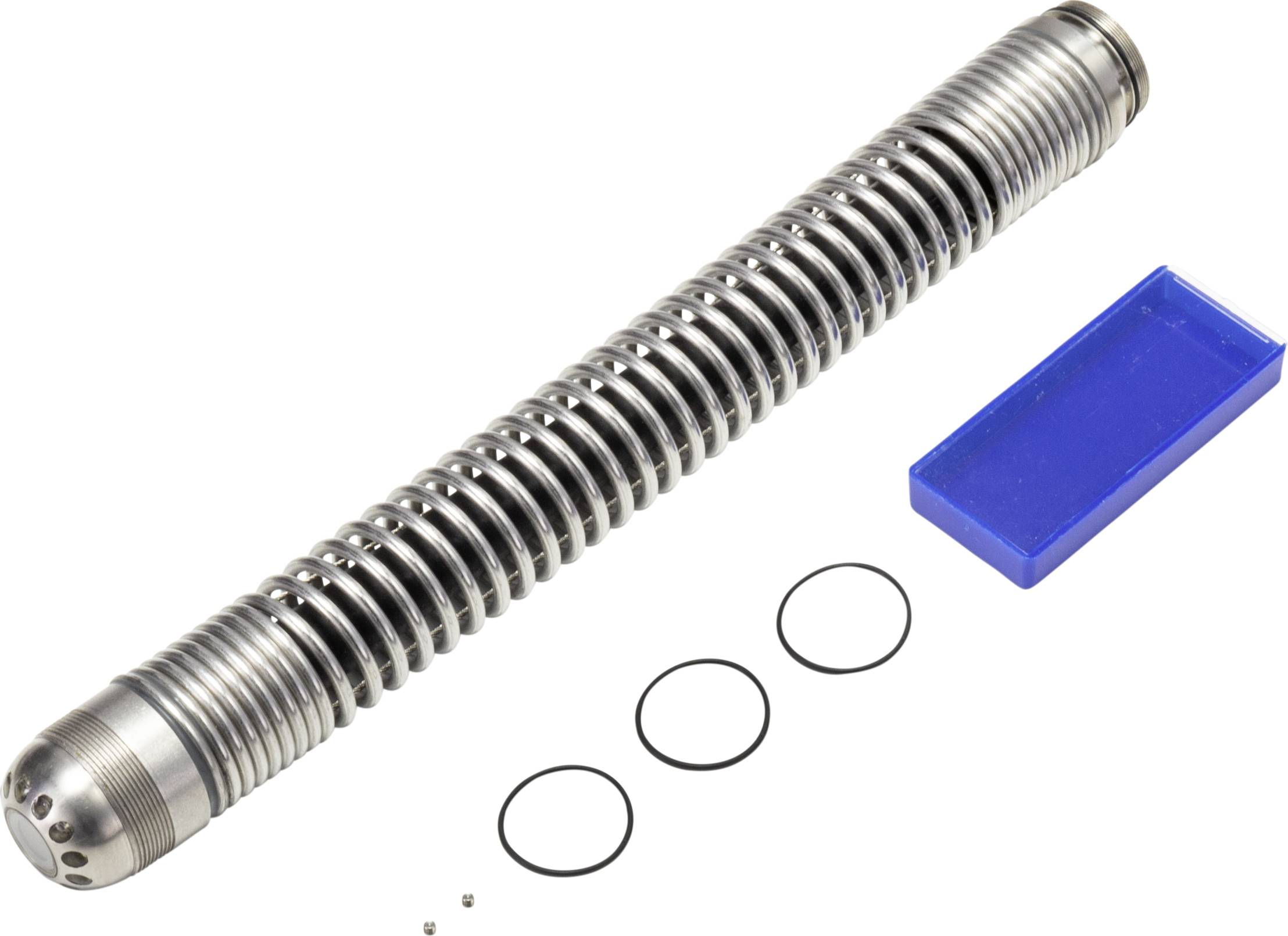 A silver metal cylinder with spiral grooves, alongside three black O-rings and a blue rectangular box.