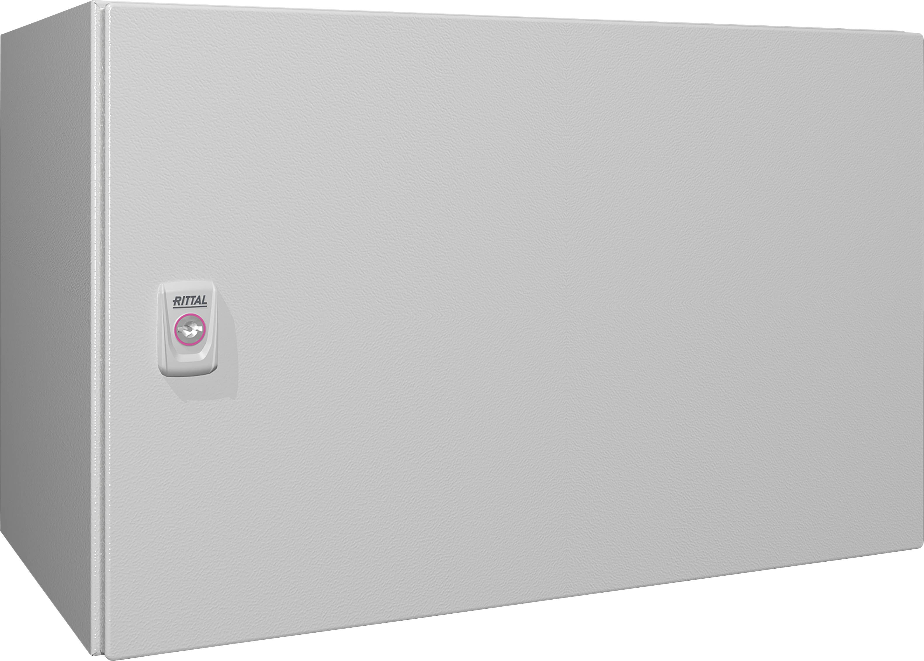 Grey cupboard with a rectangular shape, featuring a silver lock with the brand logo on the front.