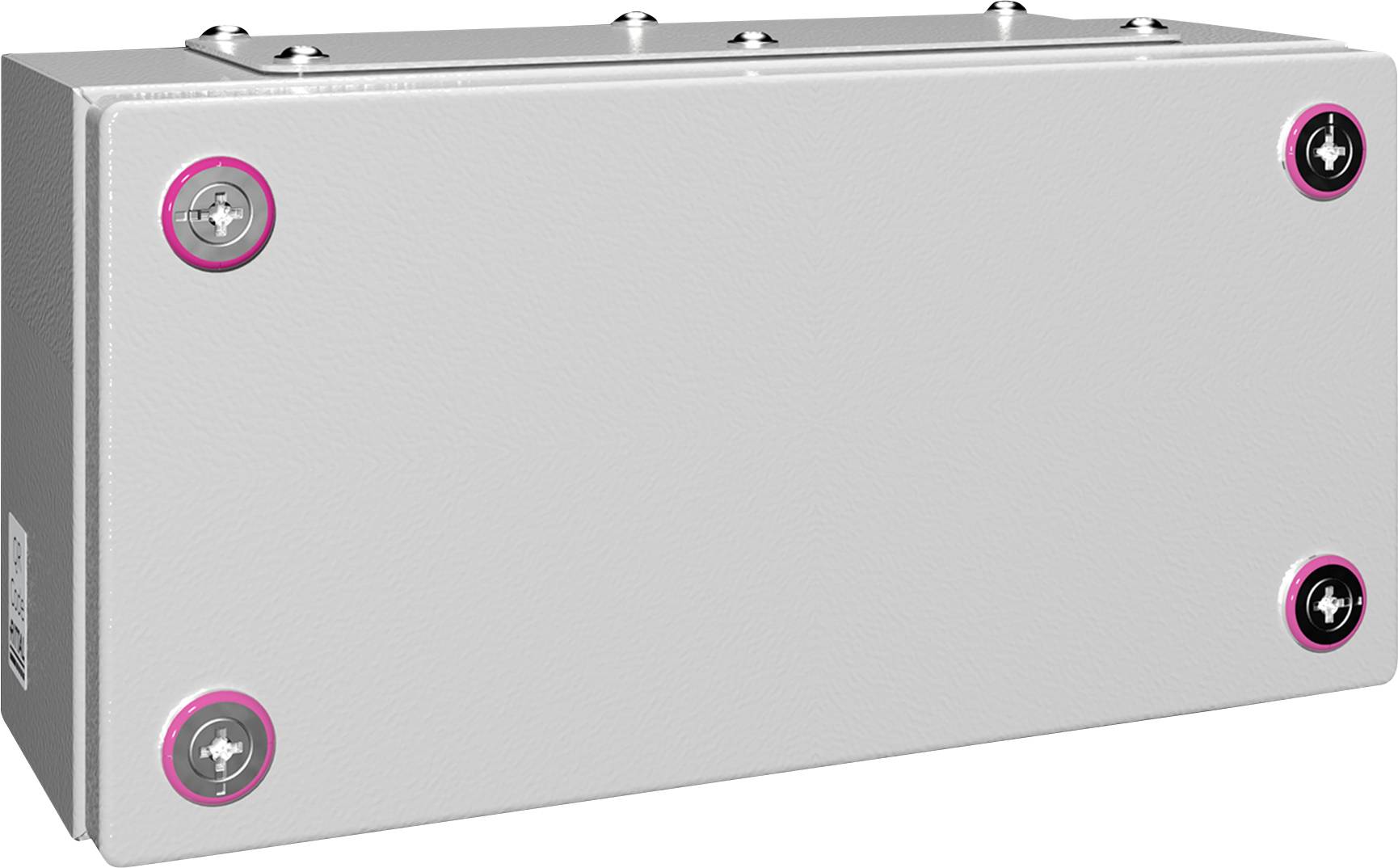 Rectangular grey box with five visible screws at the corners and in the centre of the long side.