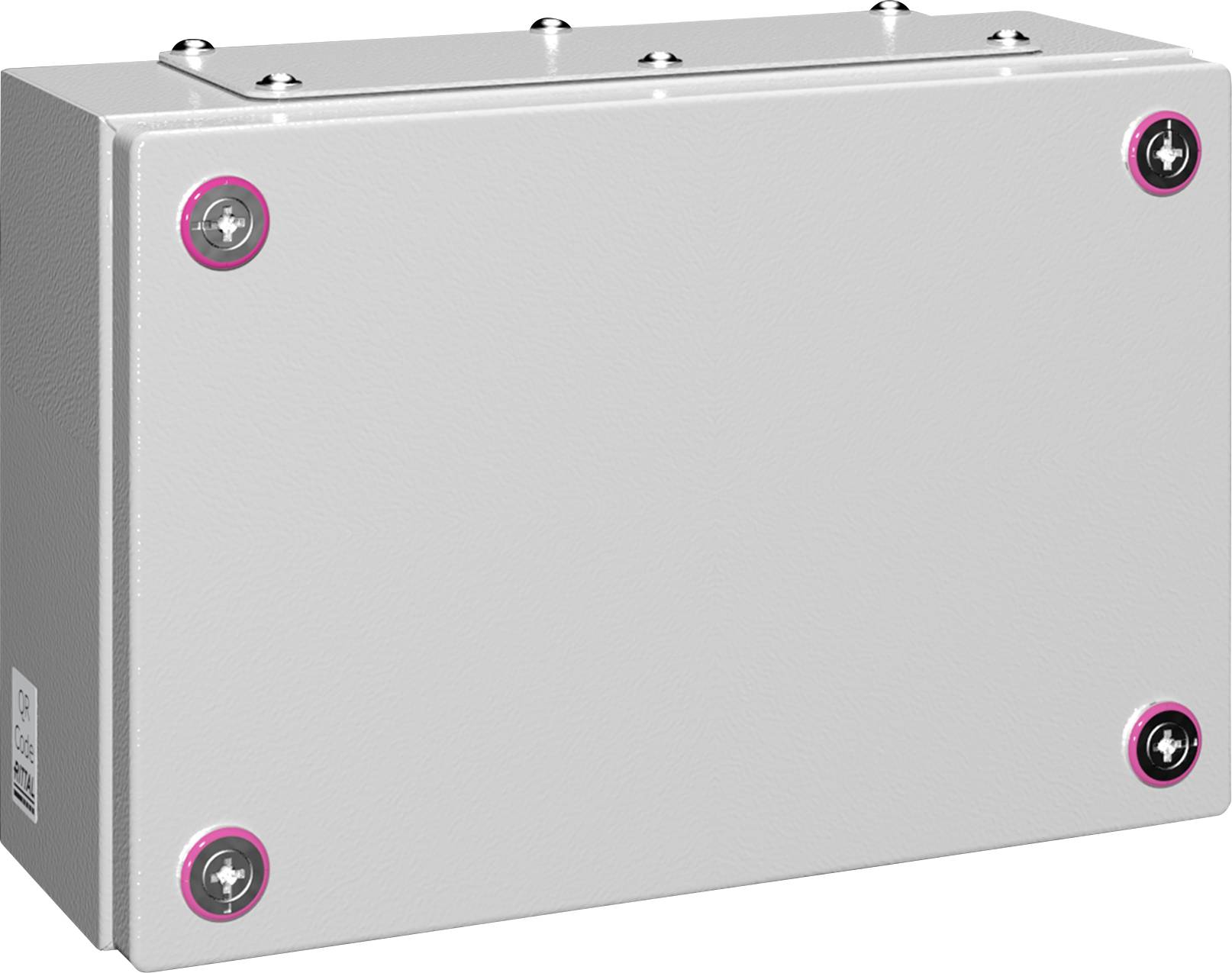 Rectangular grey metal box with four screws at the corners.