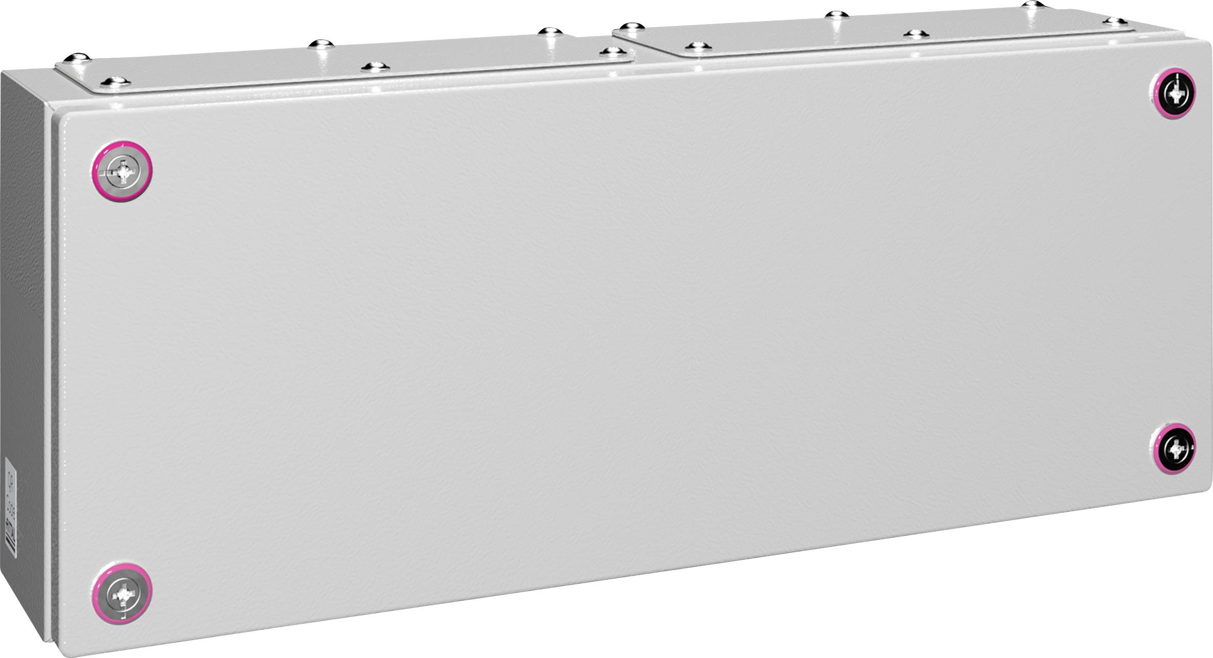 A rectangular, silver metal enclosure with six screws at the corners. No visible markings or indicators.