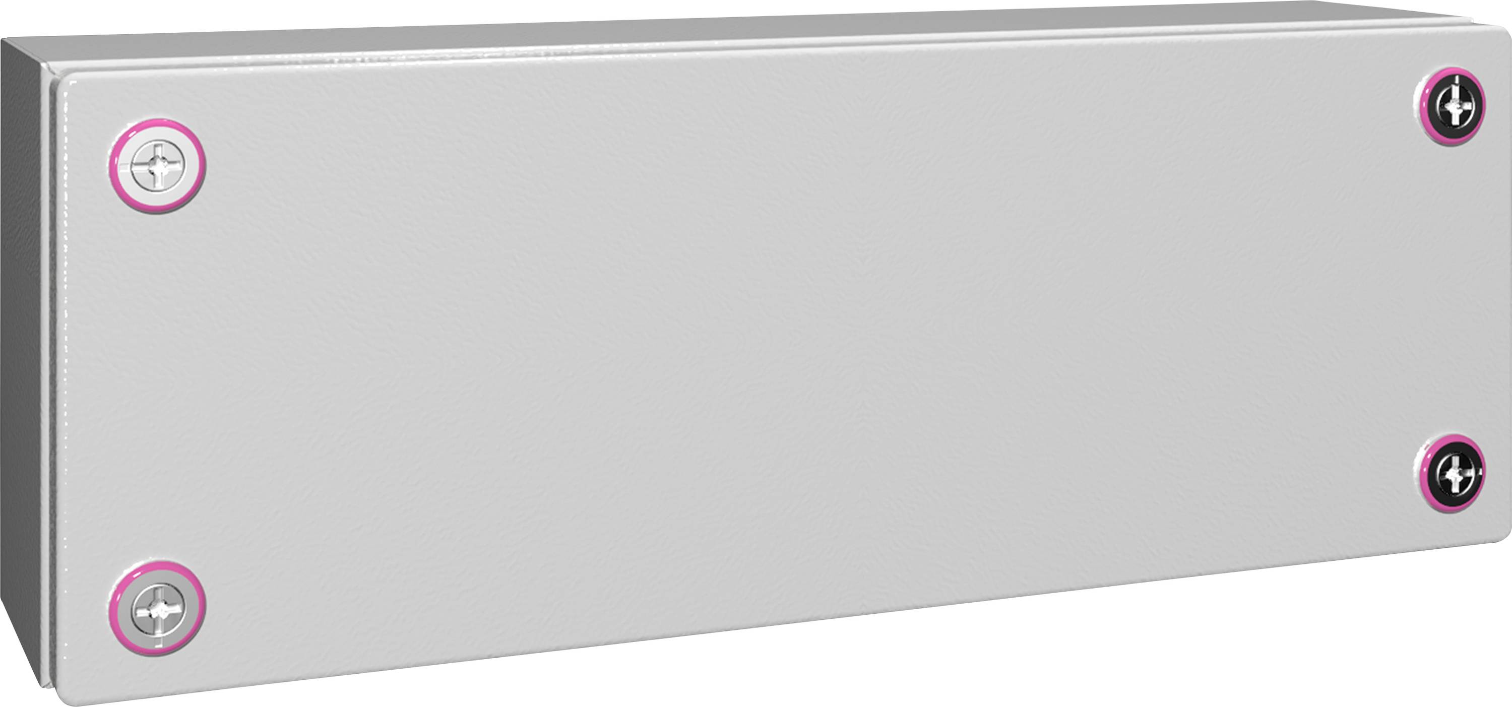 A rectangular, grey metal box with four screws at the corners.