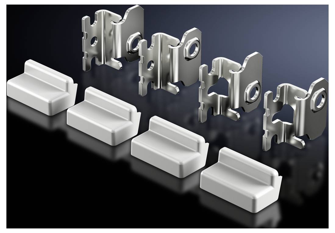 Six metallic mounting brackets positioned above five white plastic components arranged in a row on a black background, viewed from the side.