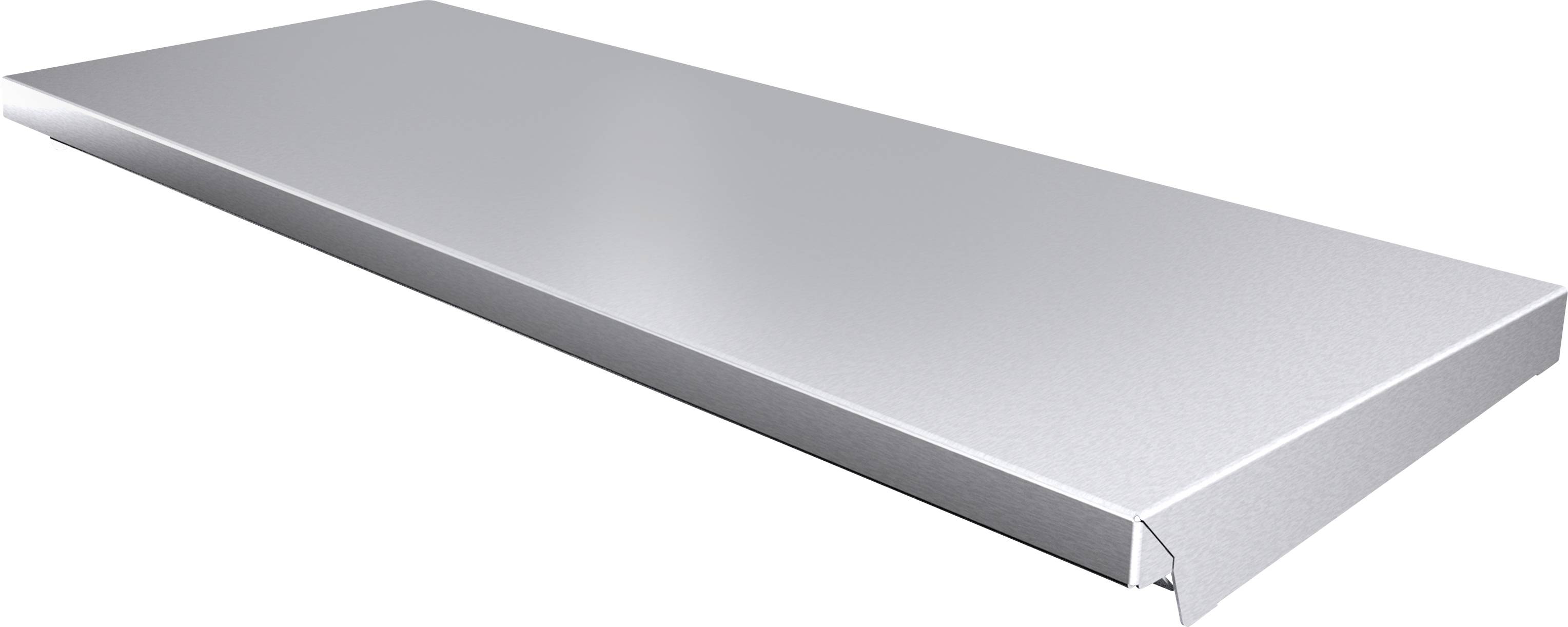 A silver, rectangular metal sheet viewed from the side, smooth and glossy. It is frequently used as a material or surface.