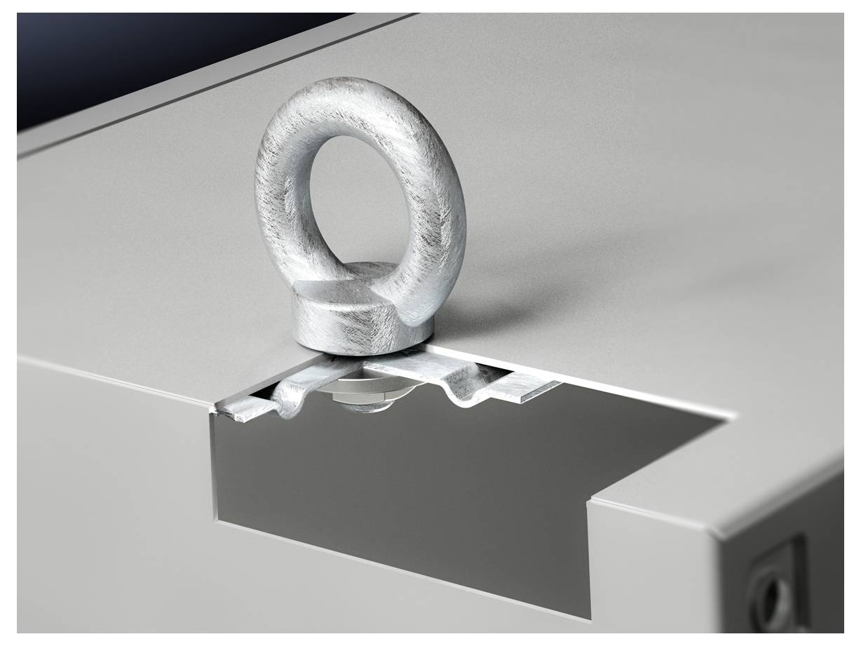 A silver steel hook is attached to a grey metal device. The hook has a round loop and is intended for securing purposes.