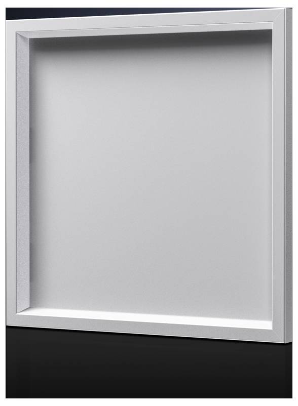 An empty, square picture frame with a white border against a dark background.