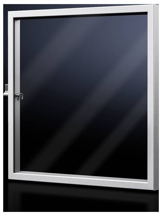 A rectangular window with a silver frame and a handle on the left side against a dark background.