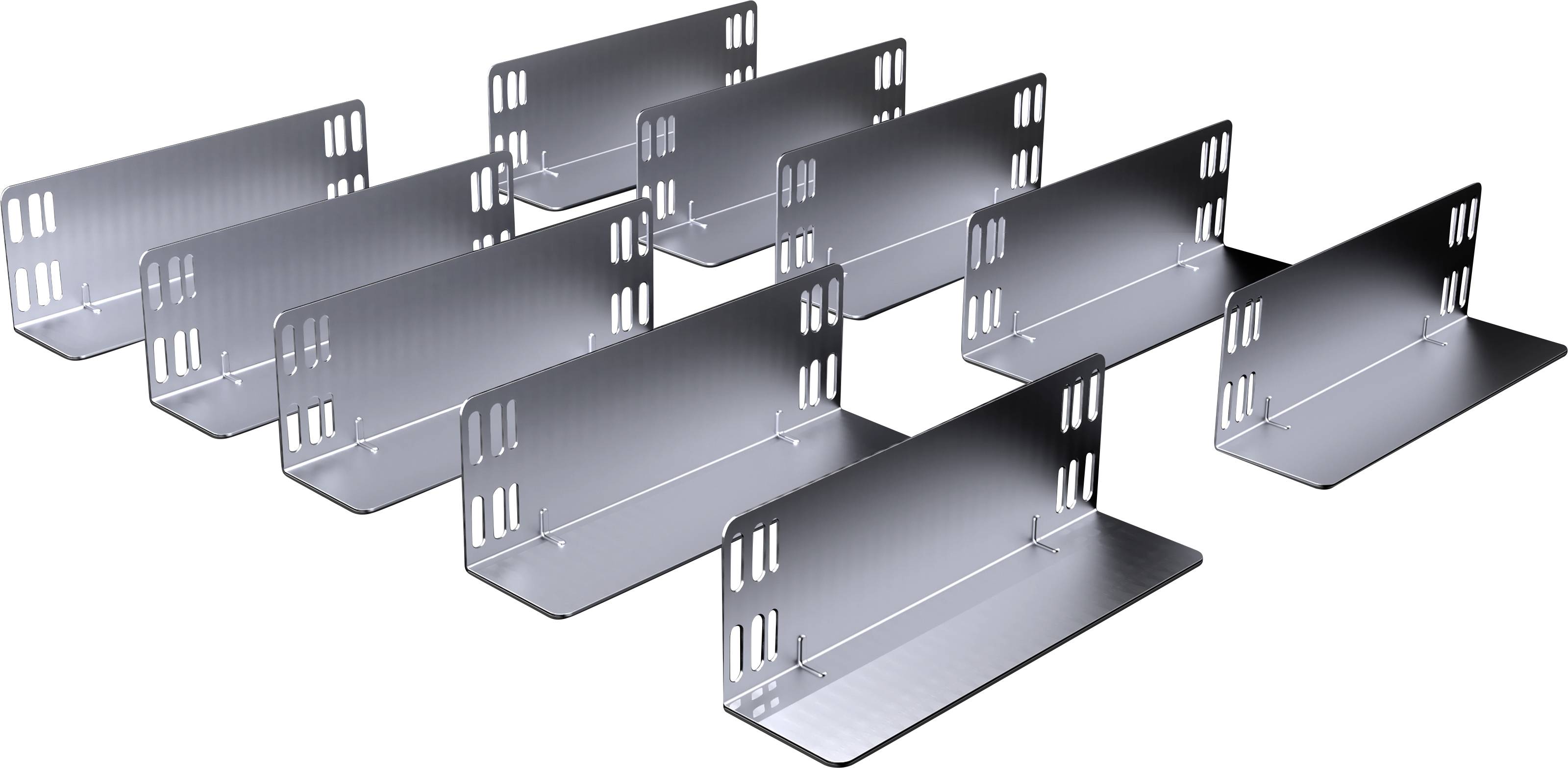 A group of nine silver metal brackets, evenly arranged in three rows.