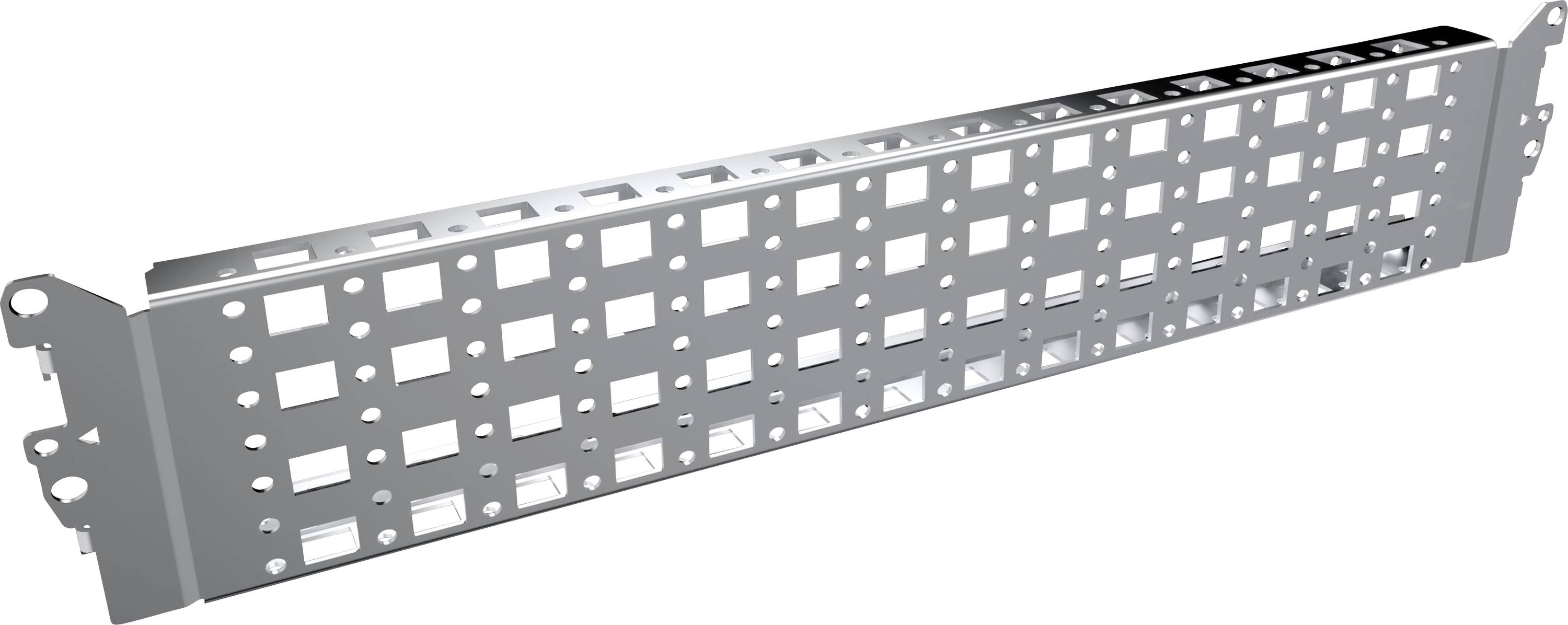 Metal frame with rectangular openings for plug connections, suitable for mounting in a standard 19-inch rack.