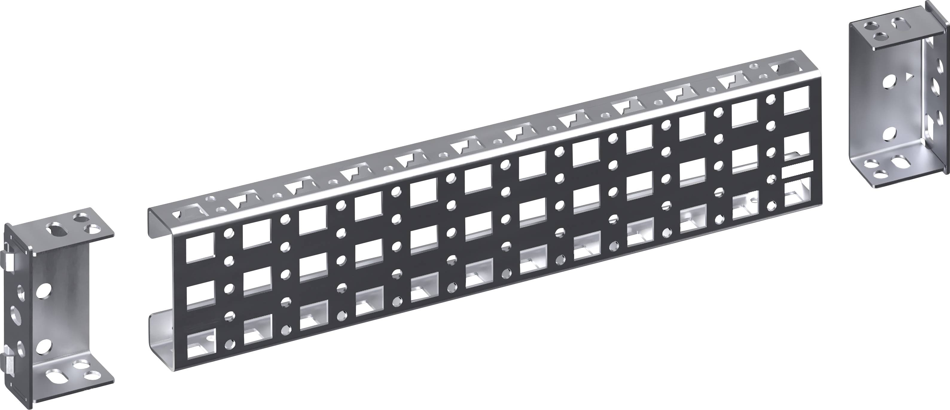 Metal angle connector set with holes for mounting, consisting of two smaller corner brackets and one longer rectangular piece.