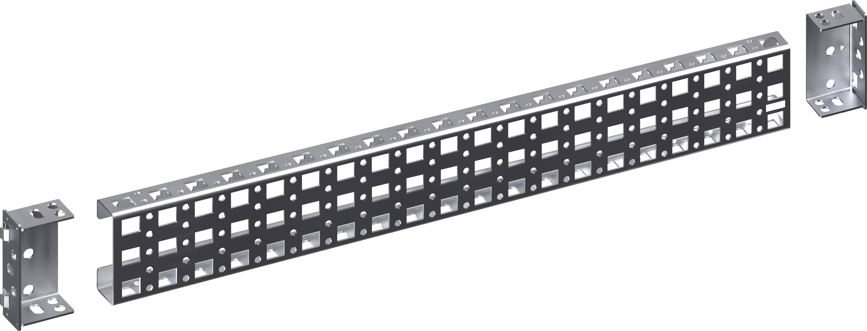 Metal rail with square openings and two rectangular mounting brackets on the left and right, likely for fastening.