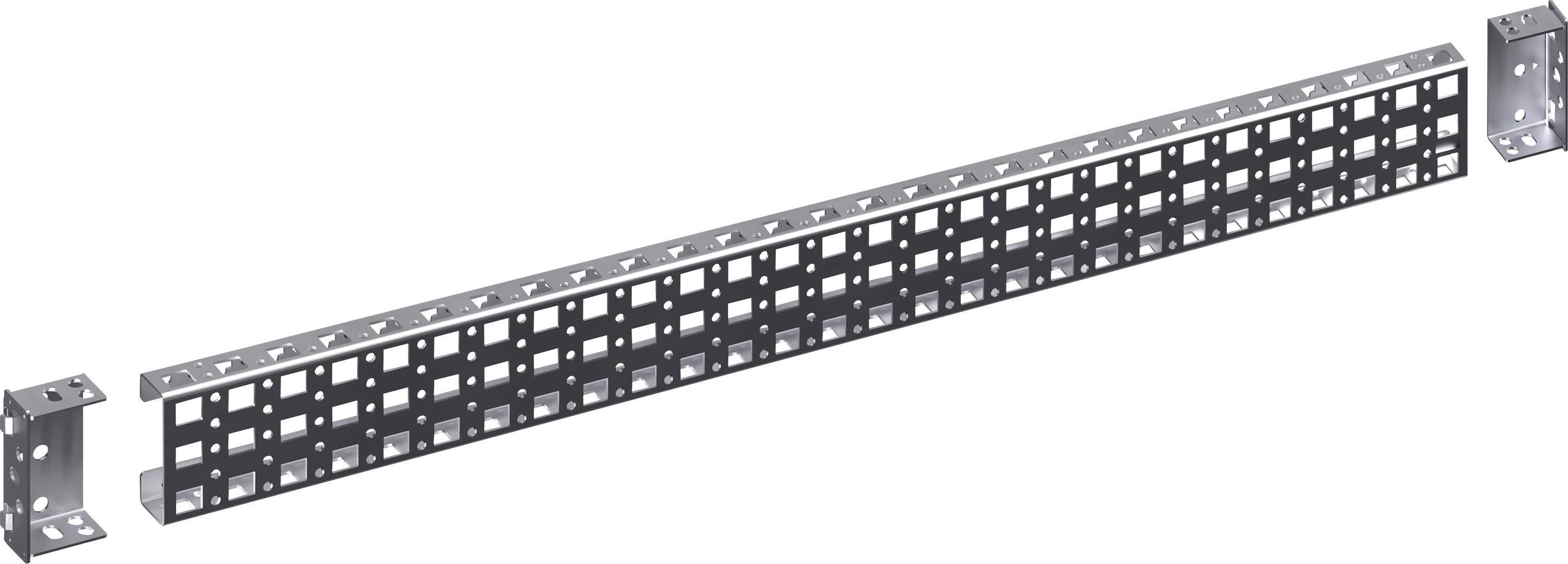 Metal channel with square holes used as a cable carrier. Mounting brackets are located on the left and right sides.