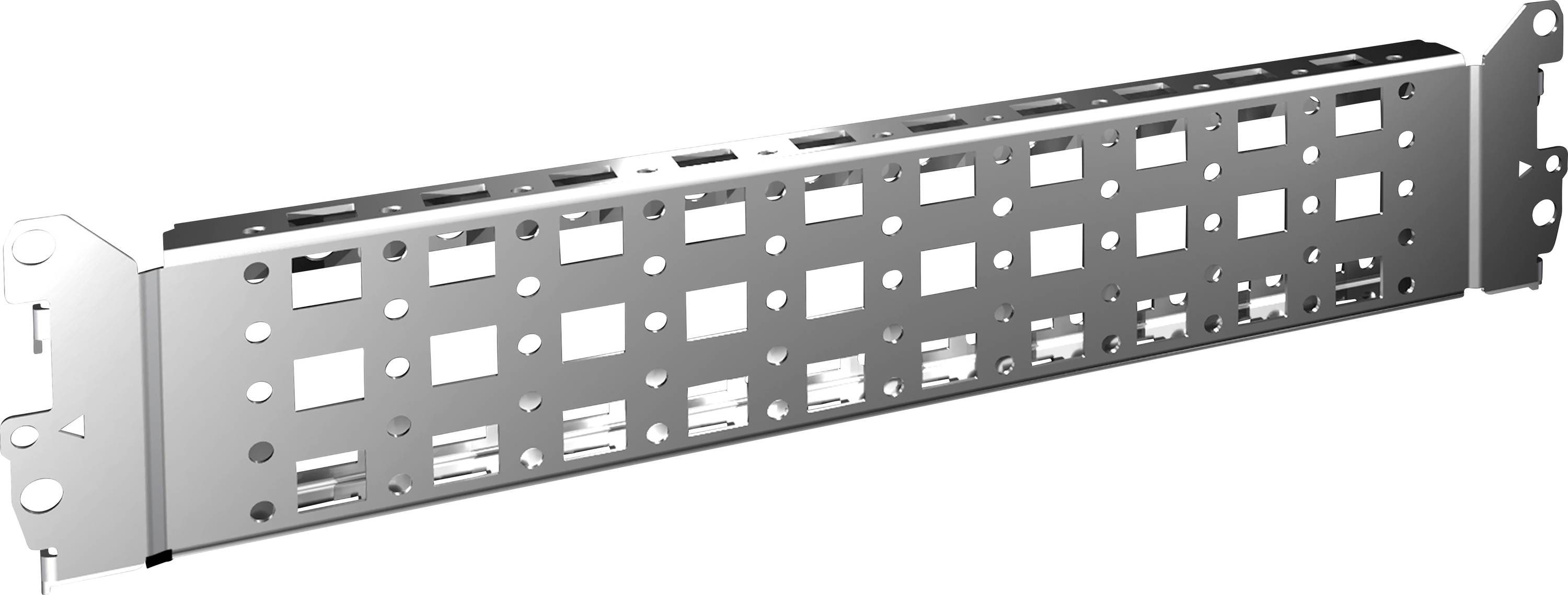 Metallic mounting angle with numerous rectangular and round apertures. Suitable for securing in a rack.