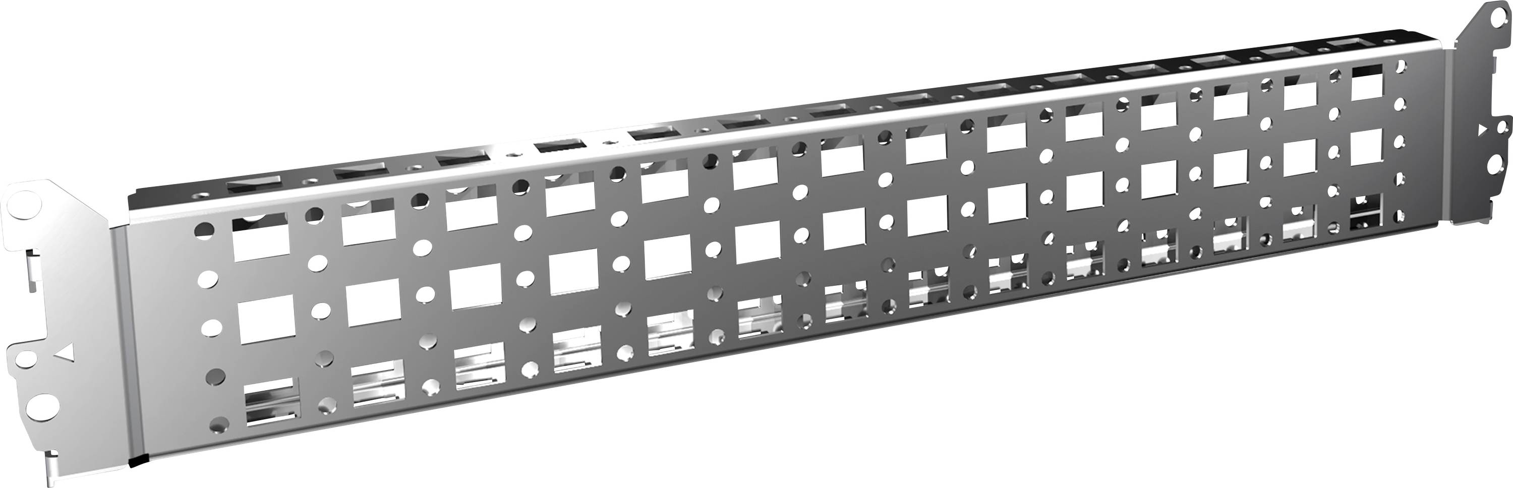 Metal mounting bracket with square and round holes, for accommodating components in a rack system.