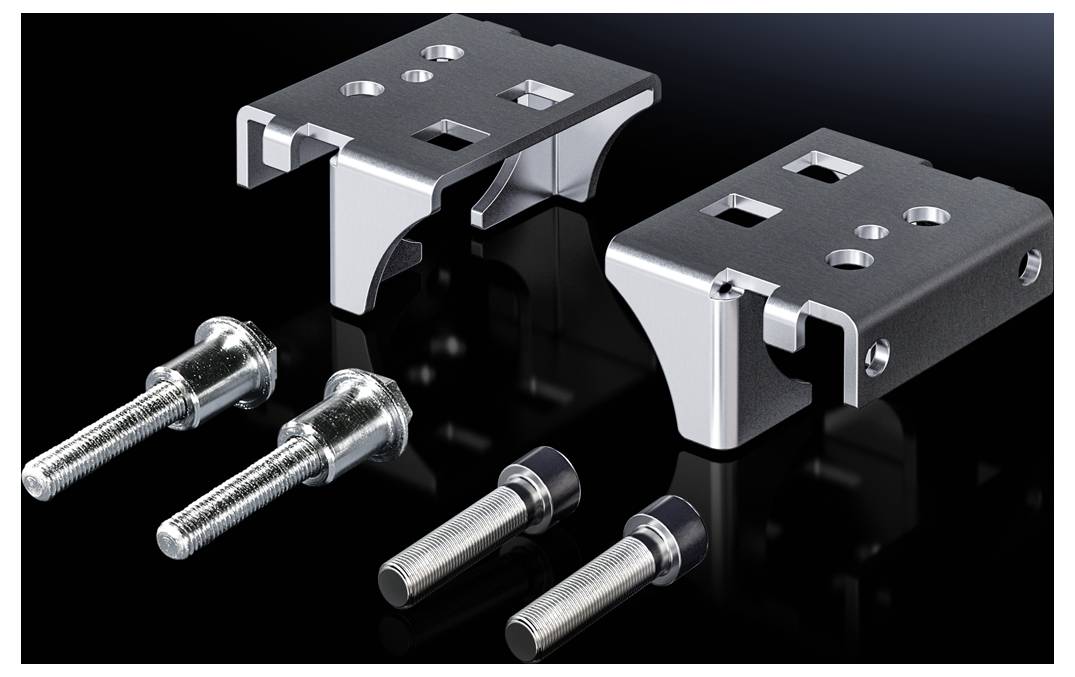 Two black, rectangular metal brackets and four silver screws on a black background. The brackets have multiple openings.