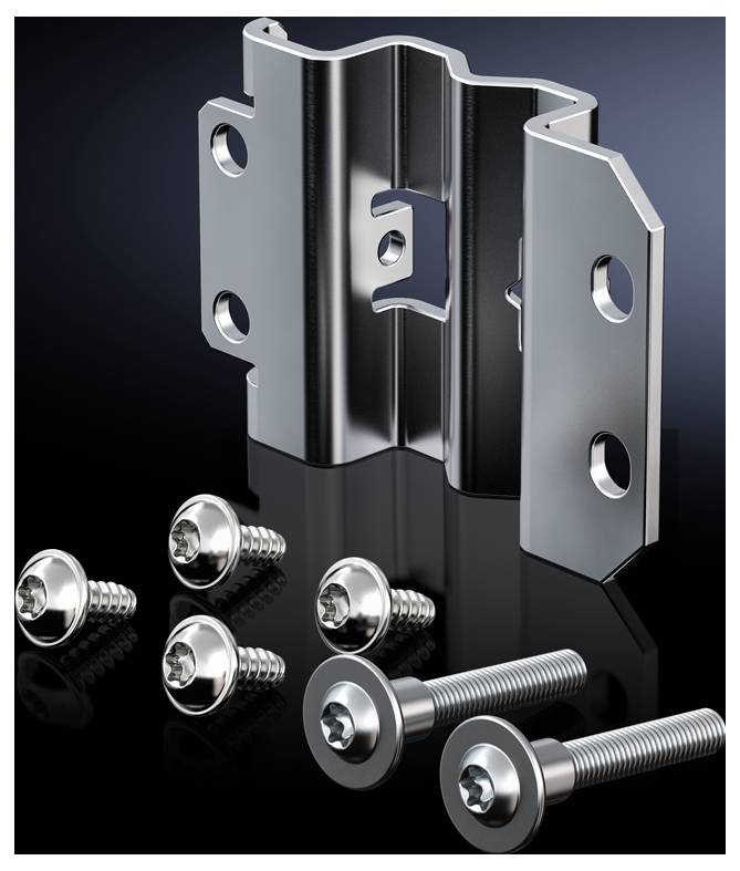 A set of metallic mounting brackets with eight screws on a black background, suitable for mounting applications.