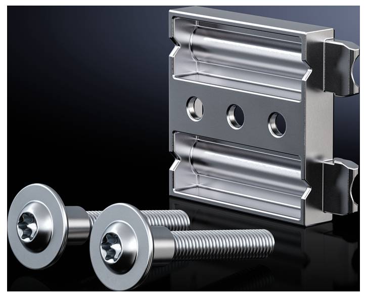 Two metal screws in front of a rectangular metal bracket with three holes, on a black background.