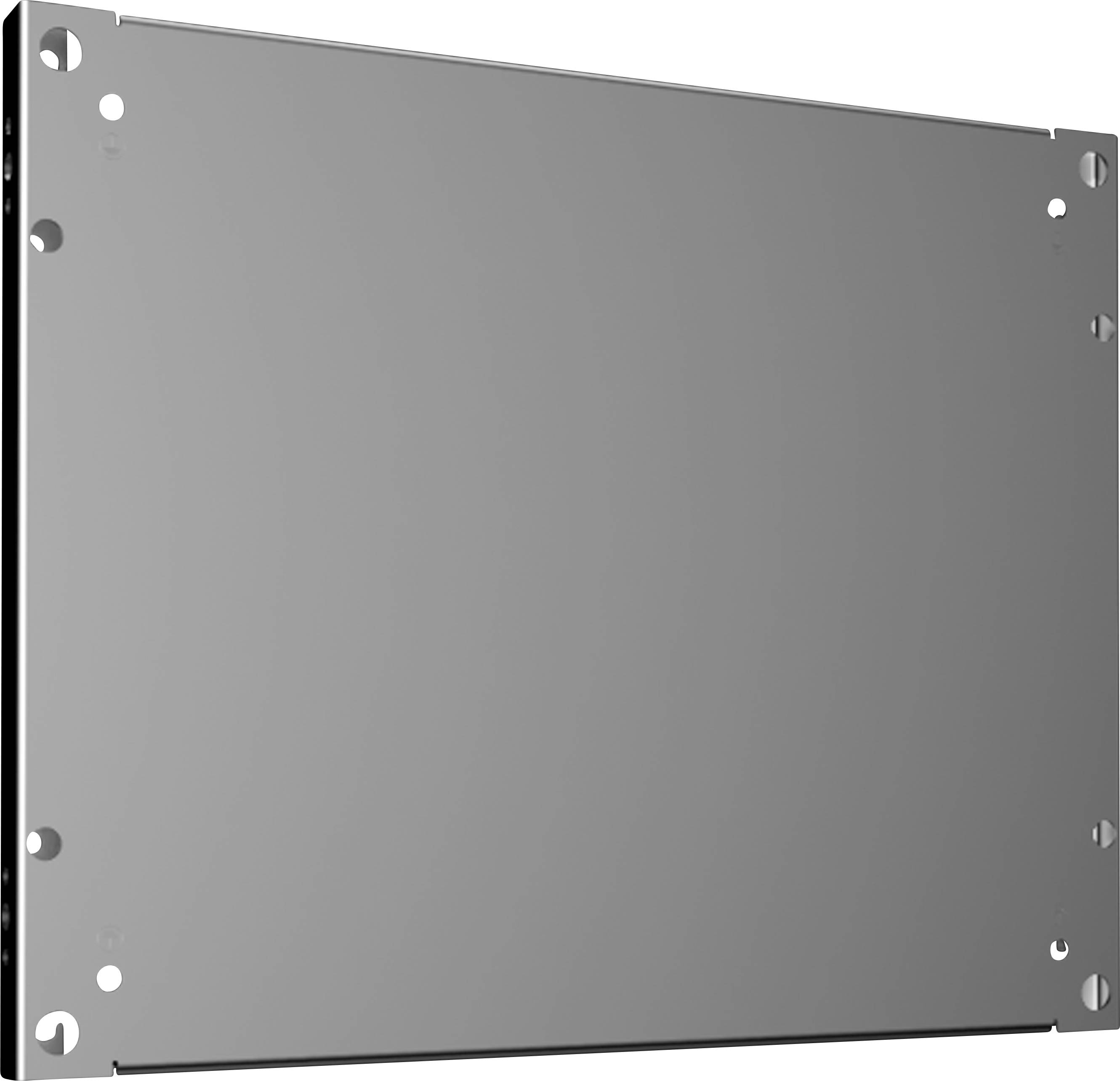 Metal plate with symmetrically arranged holes at the corners. Smooth, unmarked surface, suitable for technical applications.