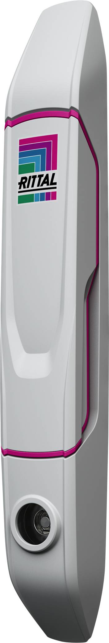 Handle of a control cabinet door with 'Rittal' logo at the top, coloured lines, lockable.