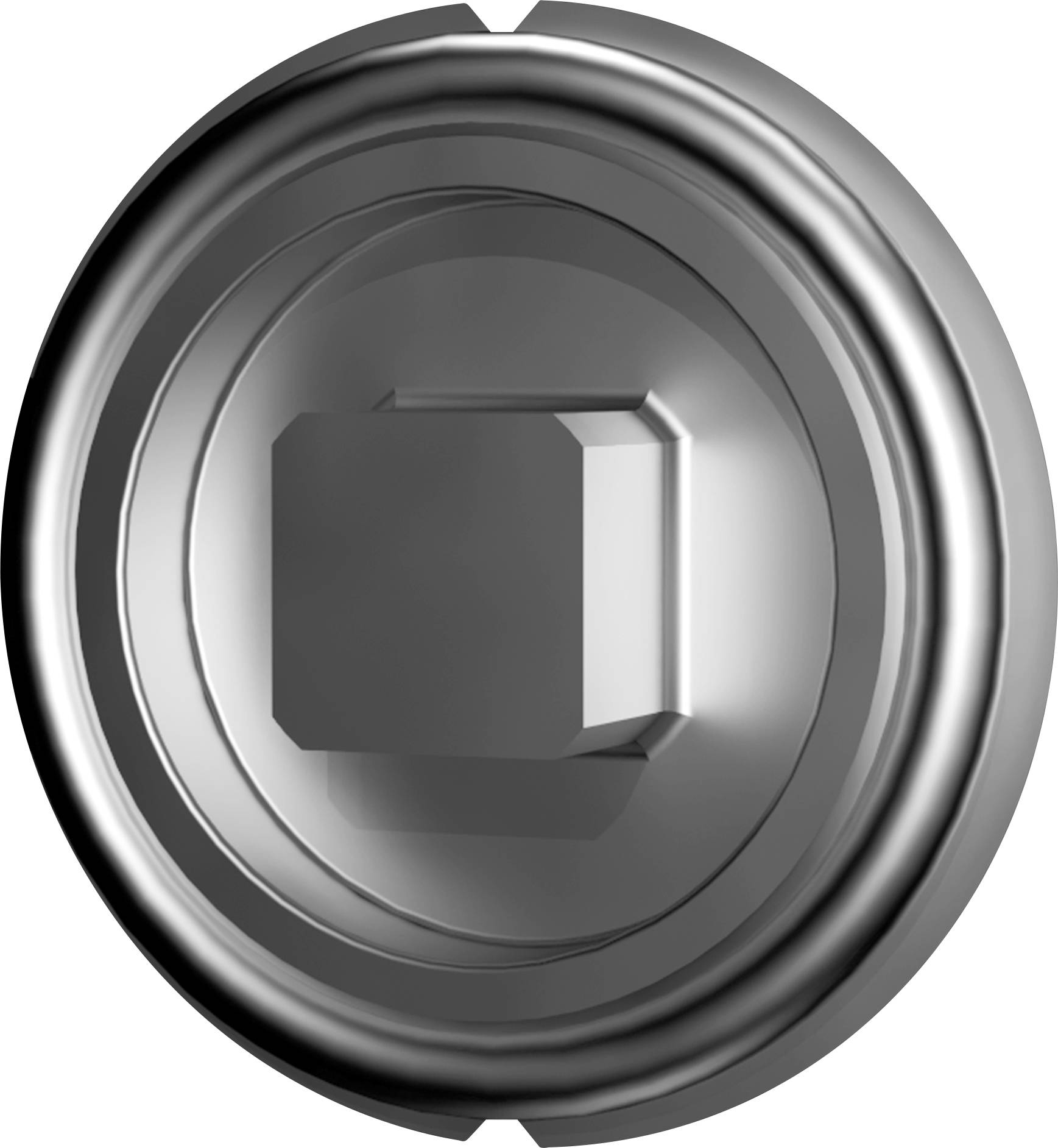 A grey, round, metallic object with multiple concentric rings and a hexagonal protrusion in the centre.